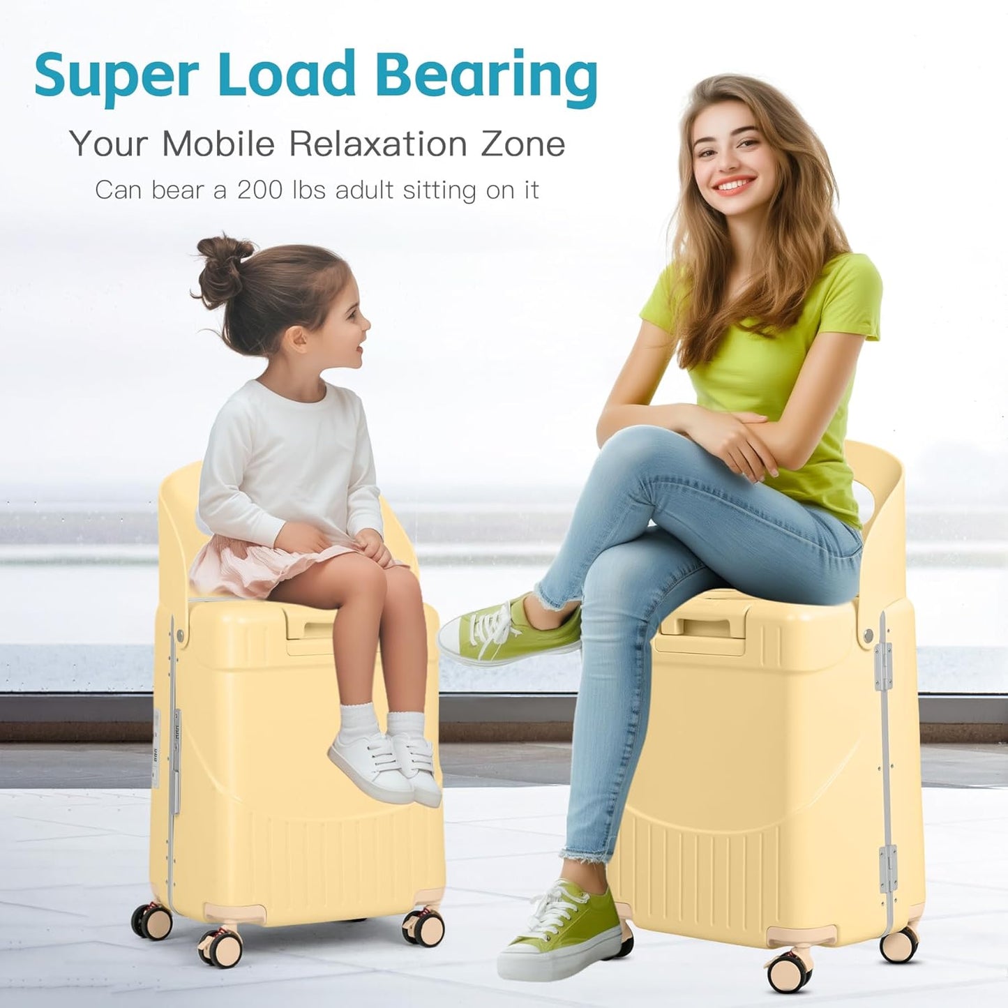 22" Ride-On Luggage with Seat for Kids & Adults, Lightweight Hardside Ride-On Suitcase with Front Opening, TSA Lock, 360° Spinner Wheels, Yellow