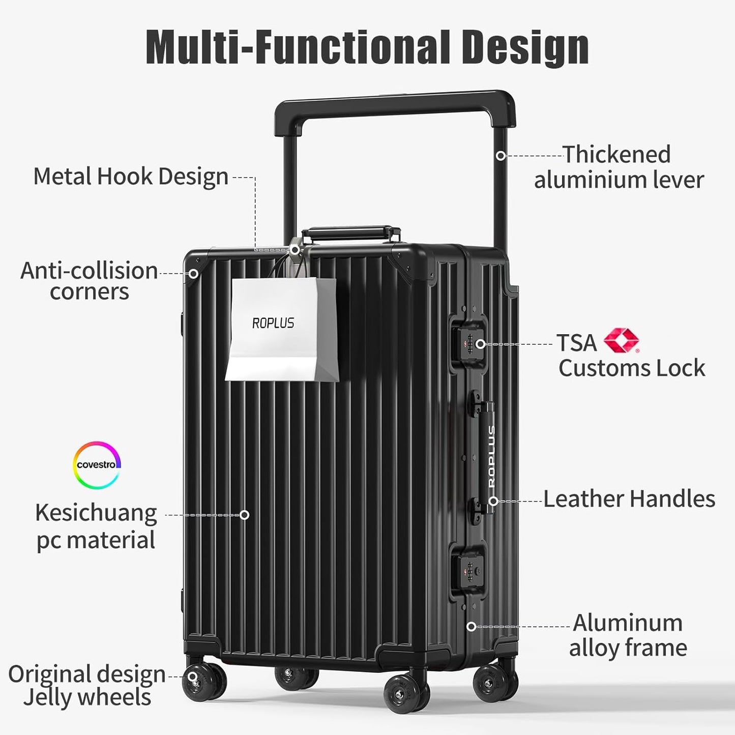 Aluminium Frame Carry on Luggage with Smooth Jelly Wheels, Hardside Zipperless Rolling Suitcase with TSA Lock (Pure Black, 21-Inch)
