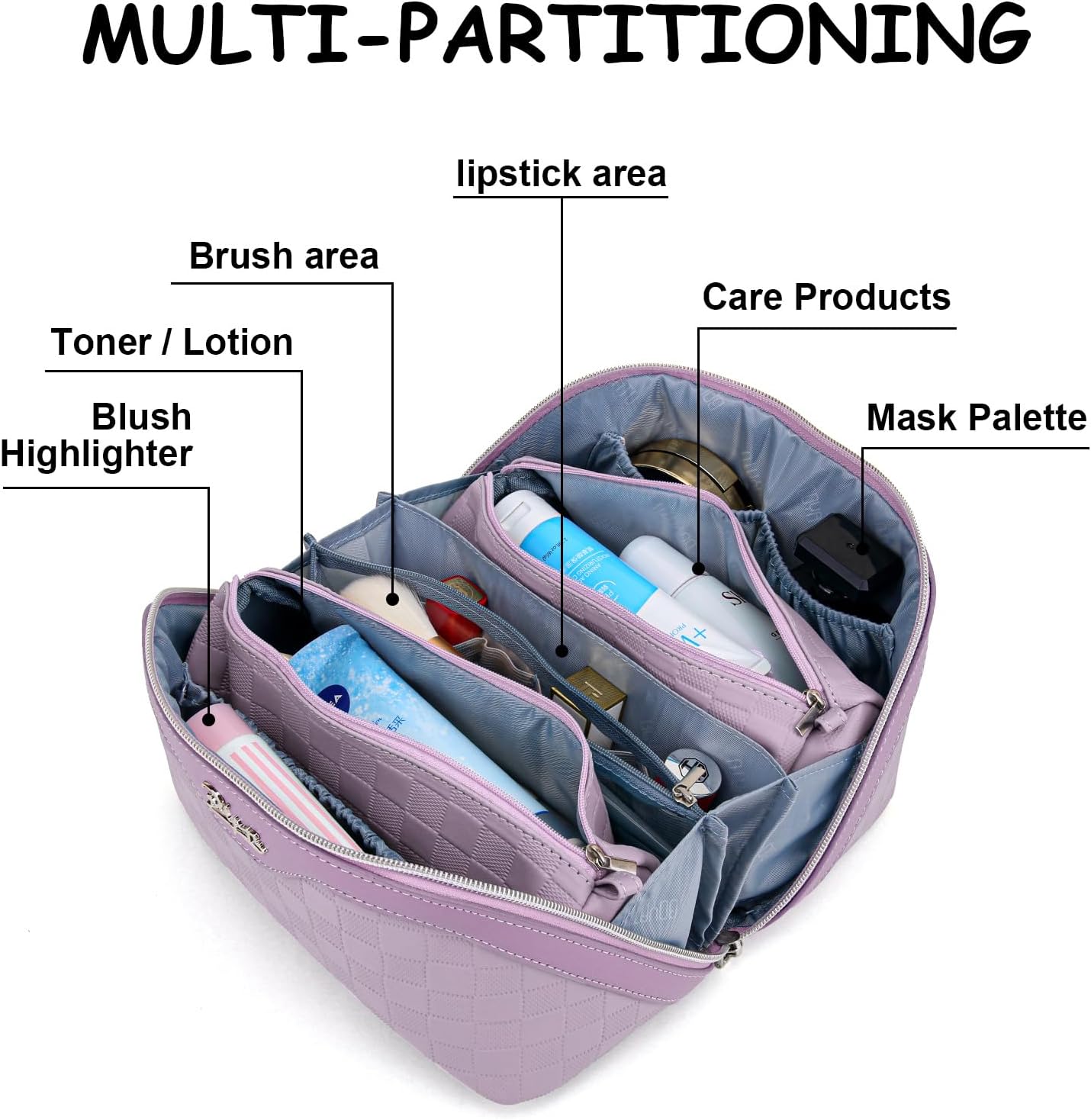 Travel Makeup Bag Organizer Cosmetic Bag: 3 Pcs Set Make up Bags for Women with Handle - Waterproof Vegan Leather Toiletry Bags with Comparments (C-01-Purple)