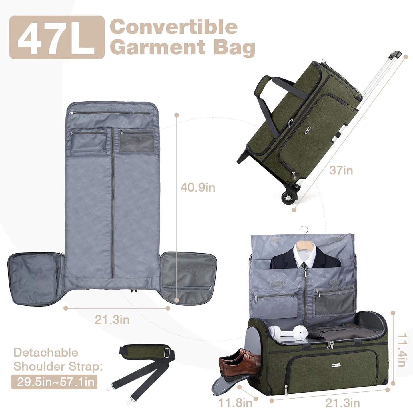 Garment Bags with Wheels, Garment Convertible Weekender Bags, Large Garment Bags for Travel, Duffle Luggage Bag Garment Bag (Army Green, Medium)