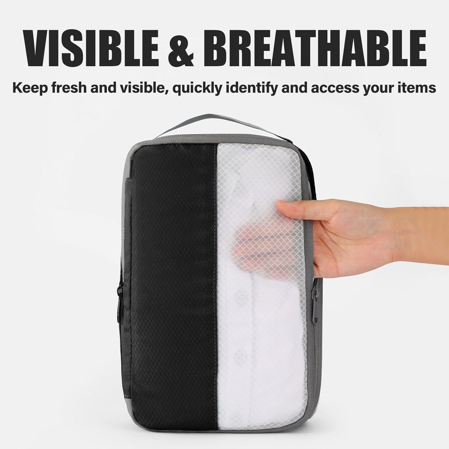 6 Set Compression Packing Cubes for Travel, Bonus Versatile Drawstring Backpack, Lightweight Luggage Organizer Bags, Sturdy Travel Accessories for Suitcase, Black