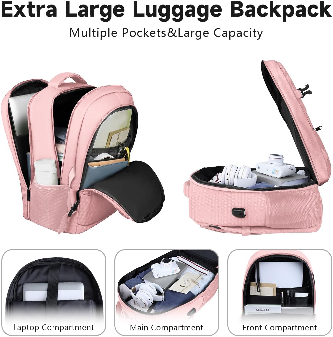 Lapsouno Large Backpack for Women, TSA 17.3 Inch Travel Laptop Backpack with USB Port, College School Business Backpack, Light Pink