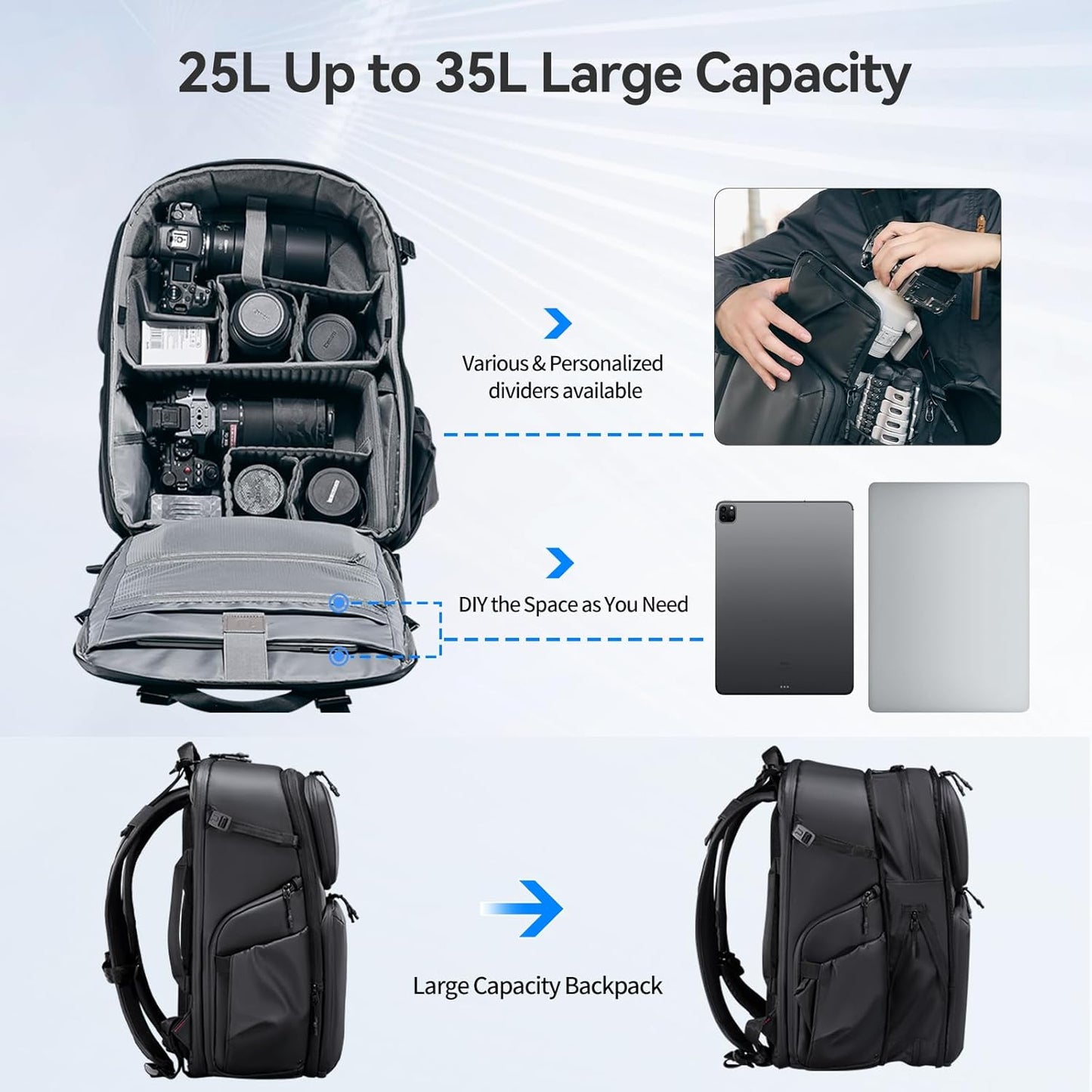 ULANZI BP10 Hardshell Camera Backpack 35L for DSLR Professional Photography Video Accessories Travel Tripod Strorage Large Splash-proof Hardshell Bag for Sony Canon Women Men w Tripod&Laptop Holder