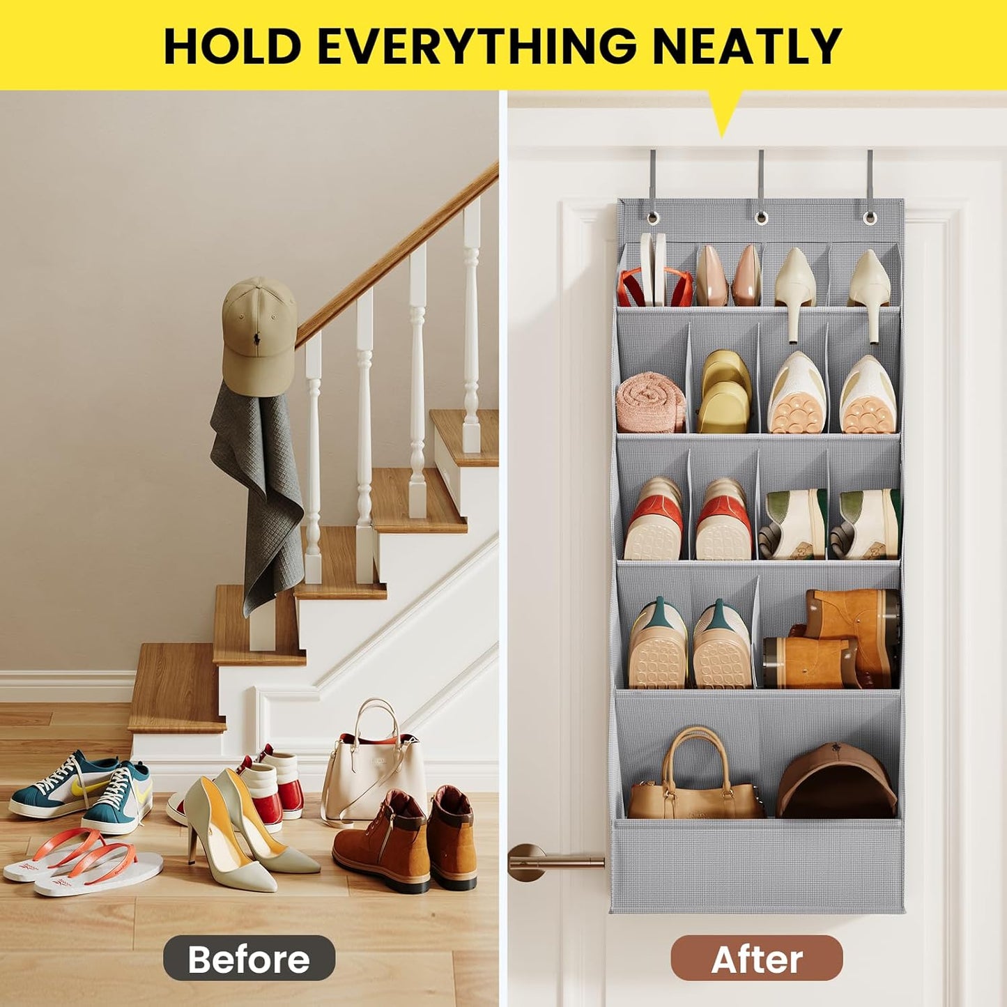 Over the Door Shoe Organizer for Closet, Shoes Rack for Closet with 15 Large Pockets, Hanging Shoe Organizers for Boot Storage, Behind the Door Narrow Shoe Holder for Small Shoes, Grey