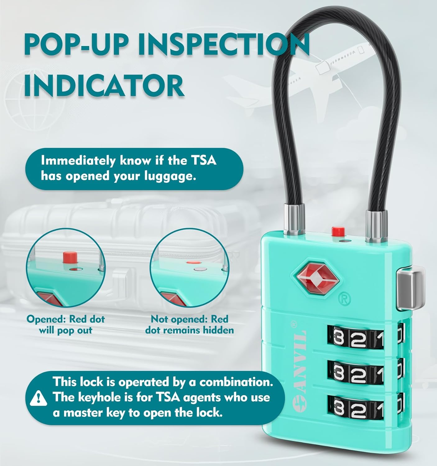 ANVIL TSA Approved Luggage Locks – High Security TSA008 Combination Travel Locks with Inspection Indicator for Suitcases and Backpacks. (3, Cyan)