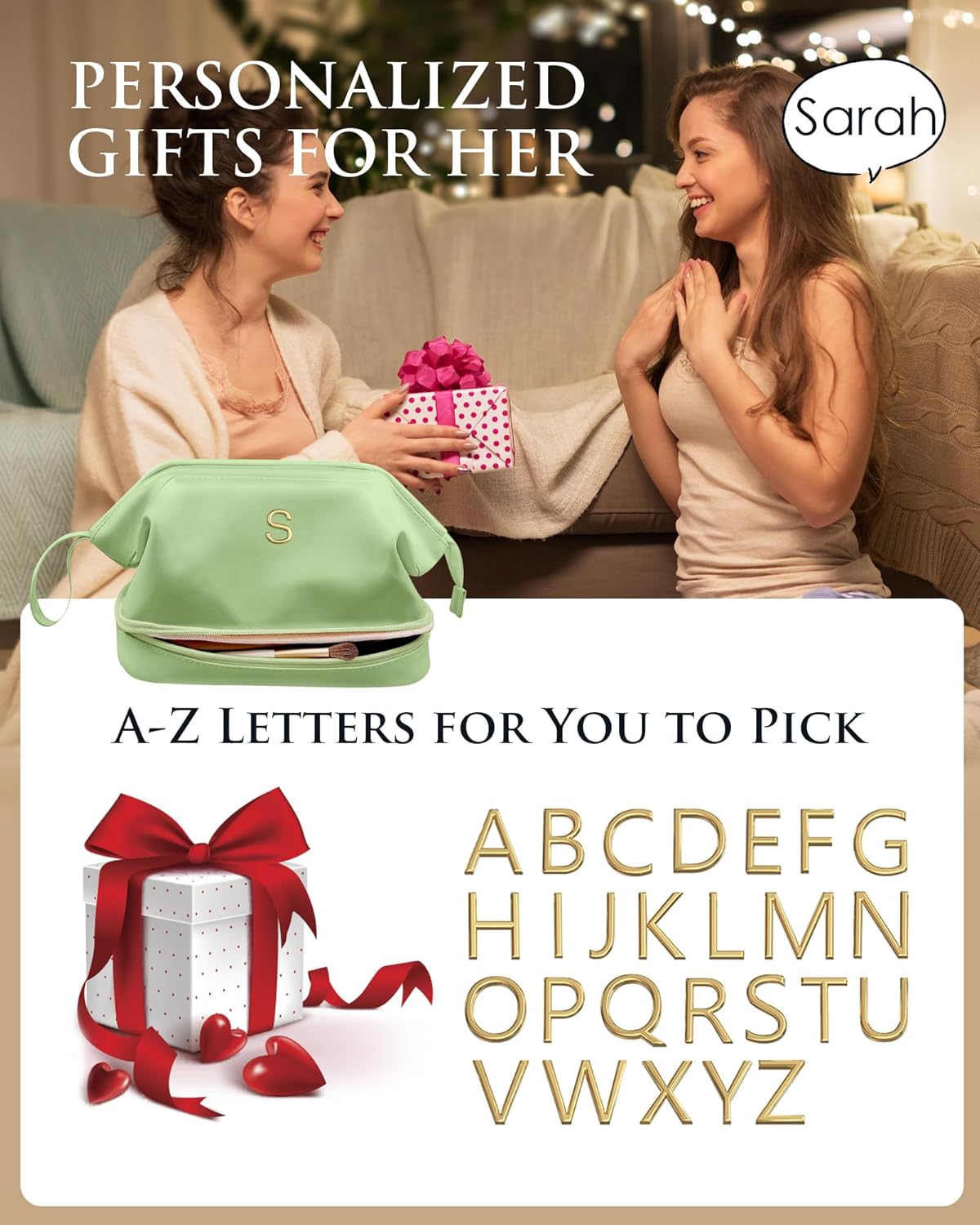 Gifts for Ladies,Initial Large Makeup Bag, Bride To Be Gifts, Double Layer Cosmetic Bag, Waterproof PU Travel Toiletry Bag for Bachelorette Party Women Wedding Bridal, Bride Gifts