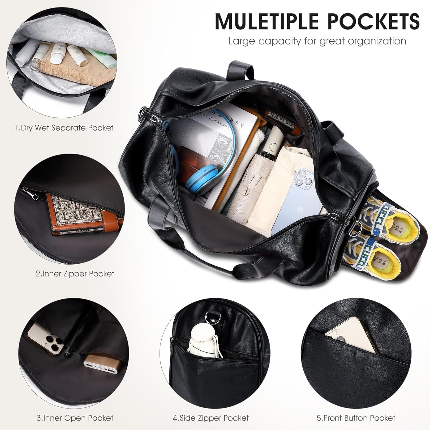 Wogarl 3PCS Leather Weekender Bag for Women Men Large Overnight Bag Travel Duffel Bag with Shoe Compartment Toiletry Packing Cube Carry On Bag Fit 21"" Laptop(Black), YT042