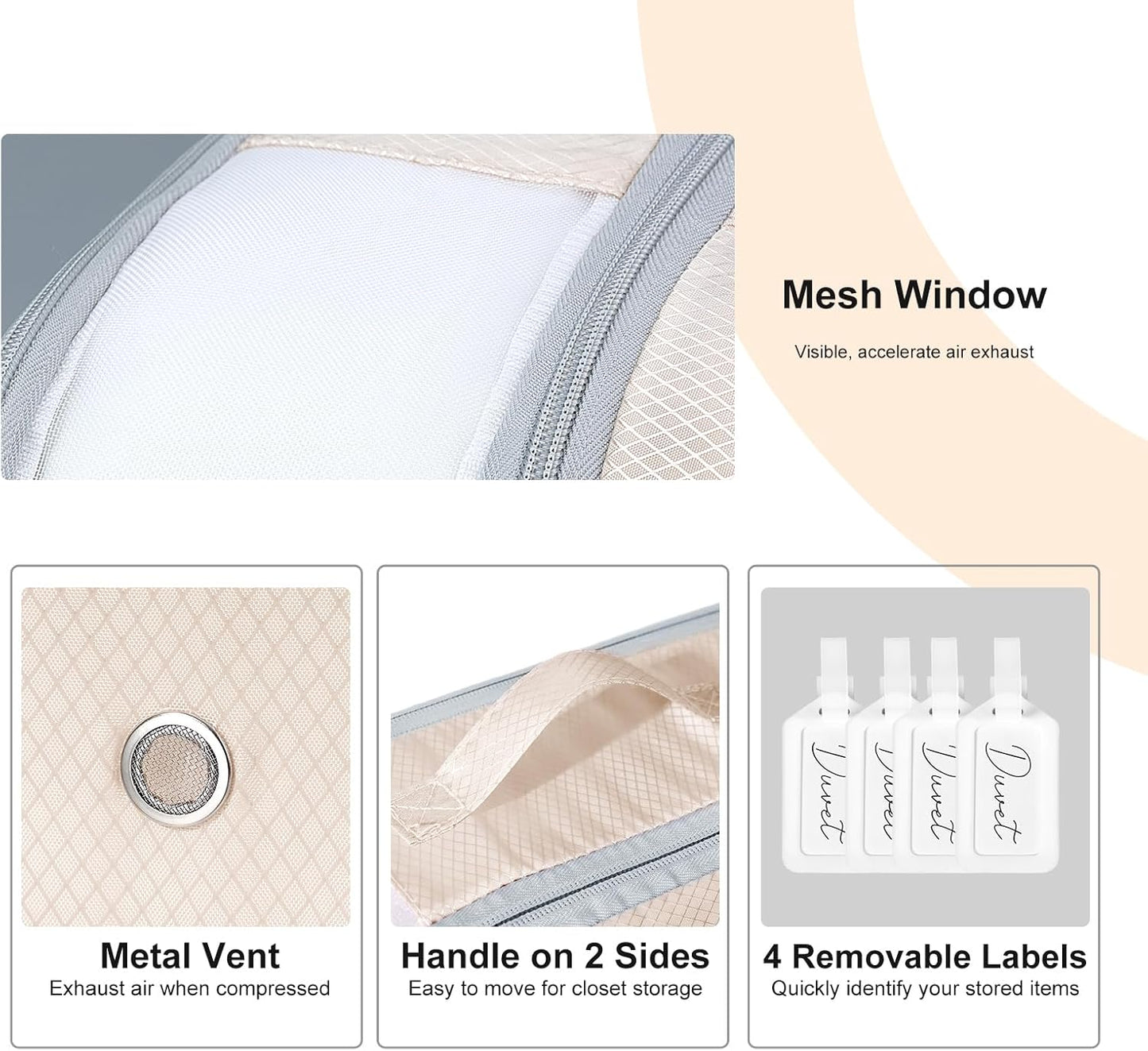 Comforter Storage Bag - Large Capacity Bedding Storage Bags Ultra Space Saving Self Compression Organizer, Washable Compression Bags for Storage Comforter Blanket Duvet Pillow, 4-Pack, Beige