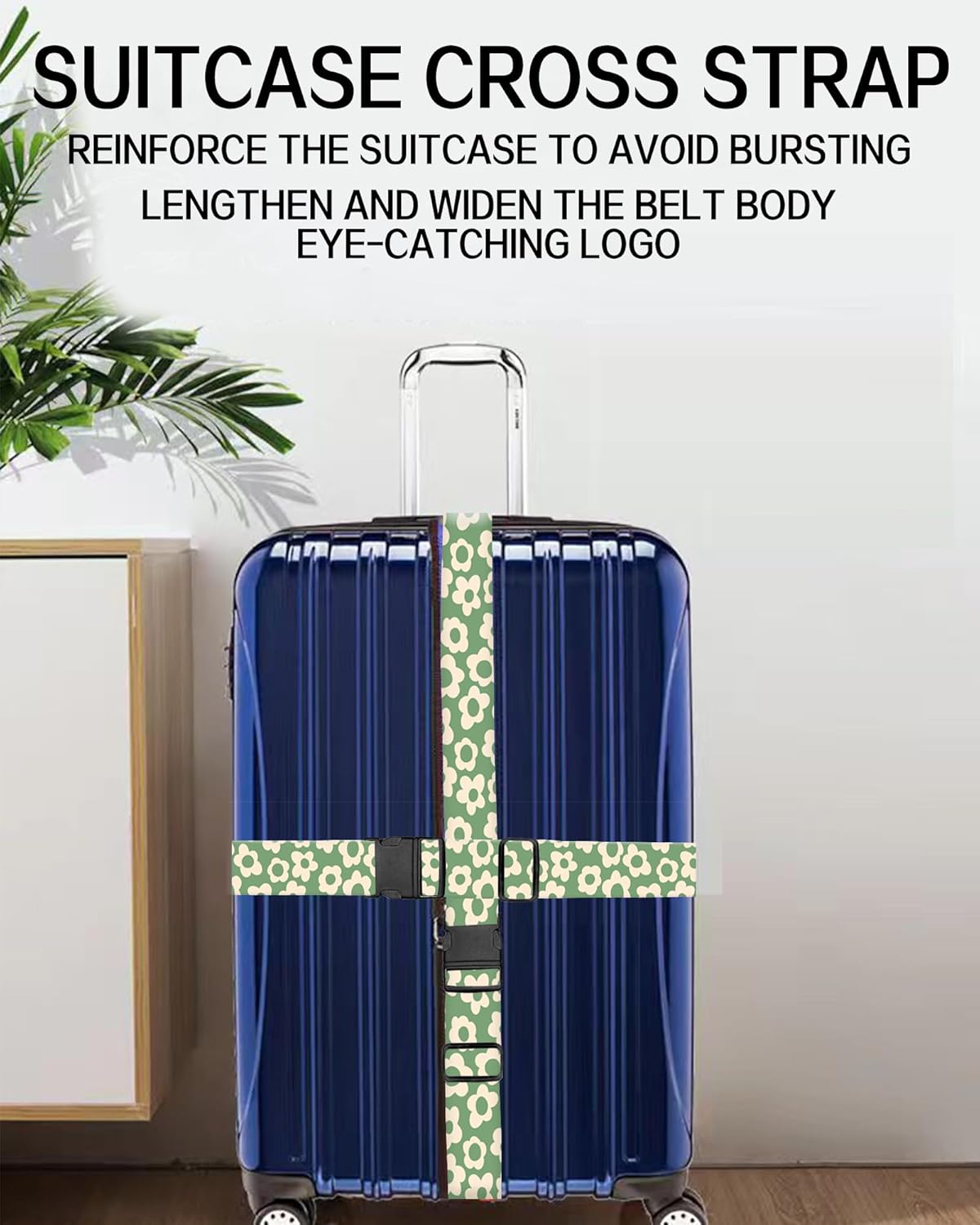 Luggage Straps for Suitcases, Adjustable Travel Belt, Durable Wide Luggage Strap, Cute Suitcase Strap Identifiers with Buckle, Bag Straps for Luggage, Grey Cute Flowers