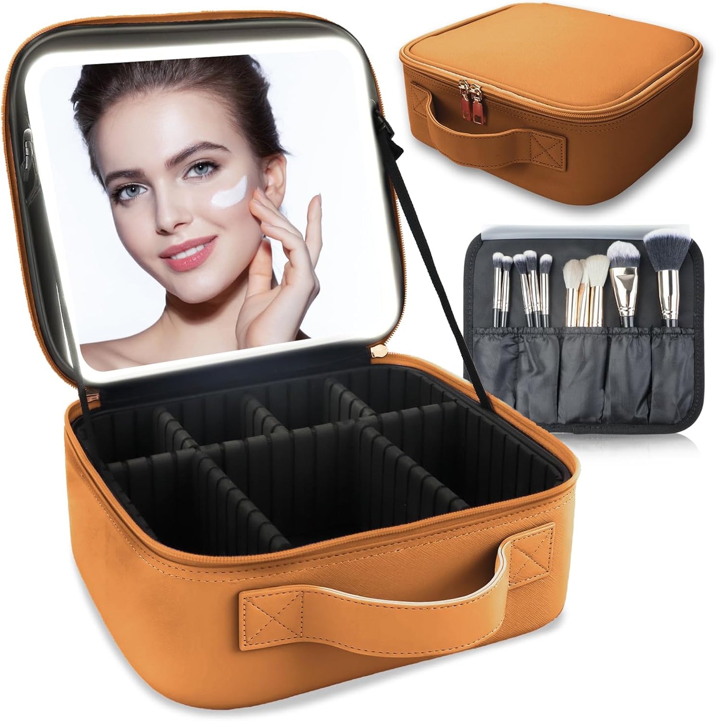 Makeup Bag with Led Mirror,Travel Makeup Organizer with 3 Color Setting, Portable Storage and Adjustable Dividers Travel Makeup Bag(light brown)