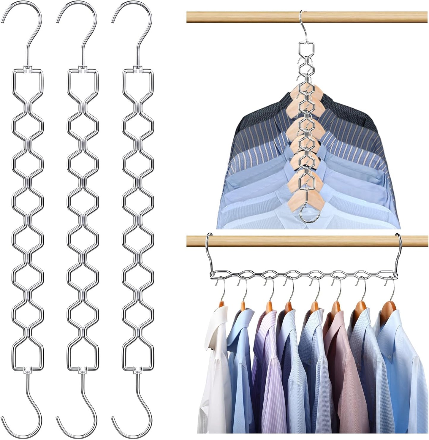 3 Pack Space Saving Hangers for Clothes, Heavy Duty 30Lbs Capacity Magic Clothes Space Saver Sturdy Metal Hanger Organizer with 360° Swivel Hook, Closet Organizers Storage Dorm Essentials Silver