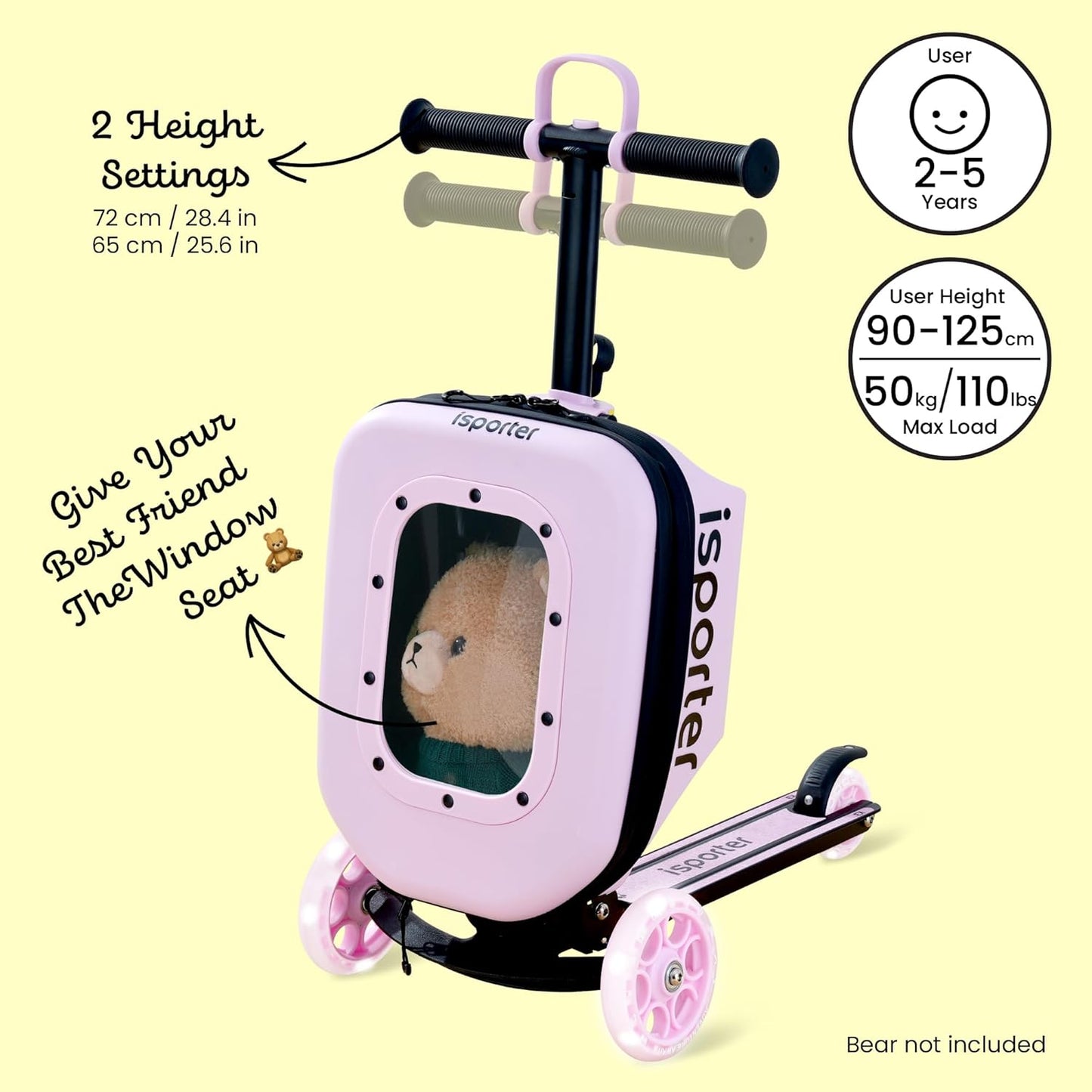 iSporter Luggage Scooter for Kids Ages 2-5 | Ride-On Suitcase Scooters for Boys Girls | Foldable & Height Adjustable, 110lbs Max