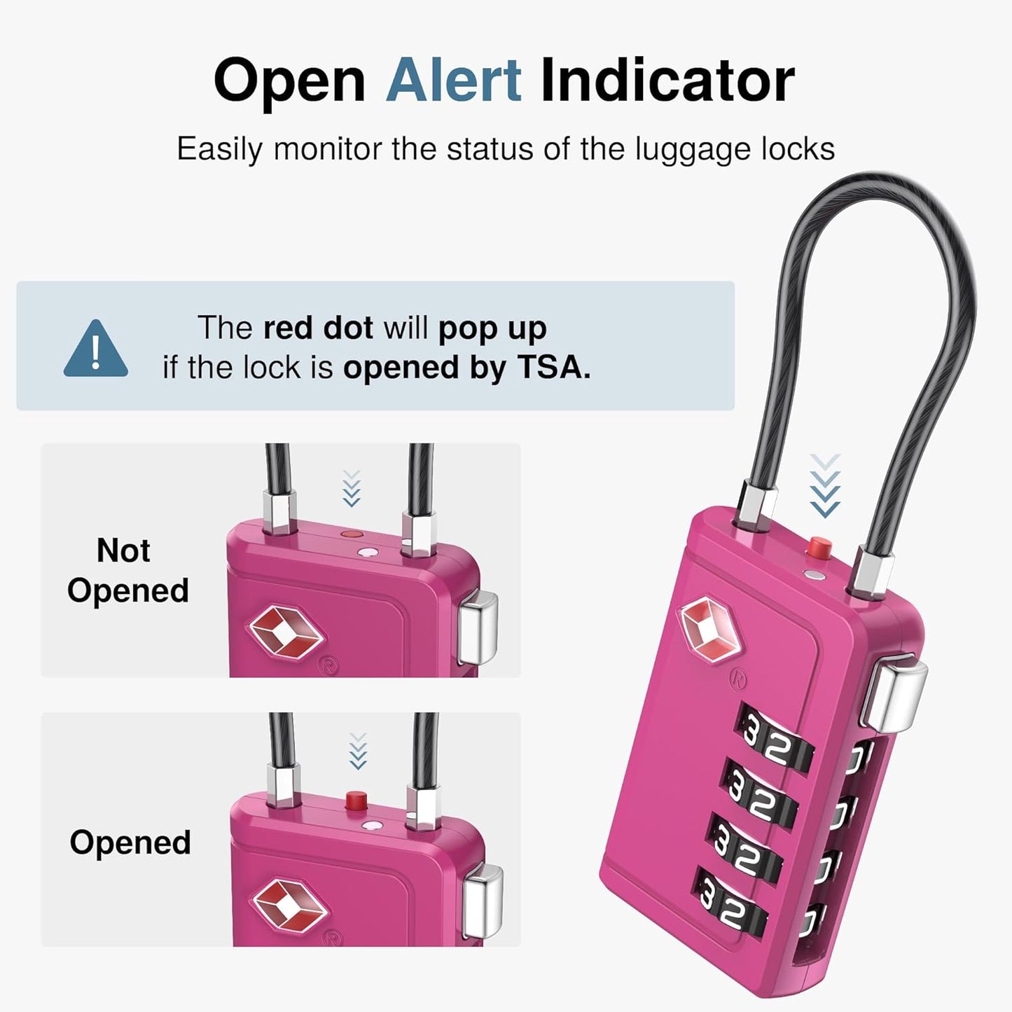 Puroma TSA Approved Luggage Travel Locks with Open Alert Indicator, 4 Digit Combination Resettable Code Zinc Alloy Lock for Suitcase, Backpack, Bag, Toolbox, Locker (2 Pack, Rose Red)
