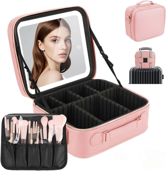 Travel Makeup Bag with LED Mirror, Cosmetic Bags for Women with Light up Mirror, Travel Essentials Makeup Organizer, Makeup Case with Adjustable Dividers and Brush Holder, 3 Color Lights