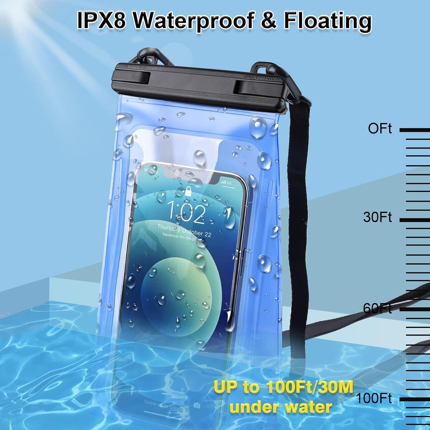 Large Capacity Waterproof Phone Pouch Floating, Waterproof Bag Case for iPhone 15 14 Pro Max 13 12 11 X XR 8 Plus Samsung Up to 6.9'', IPX8 Water Proof Phone Dry Bag for Swimming Kayaking, 1Pack