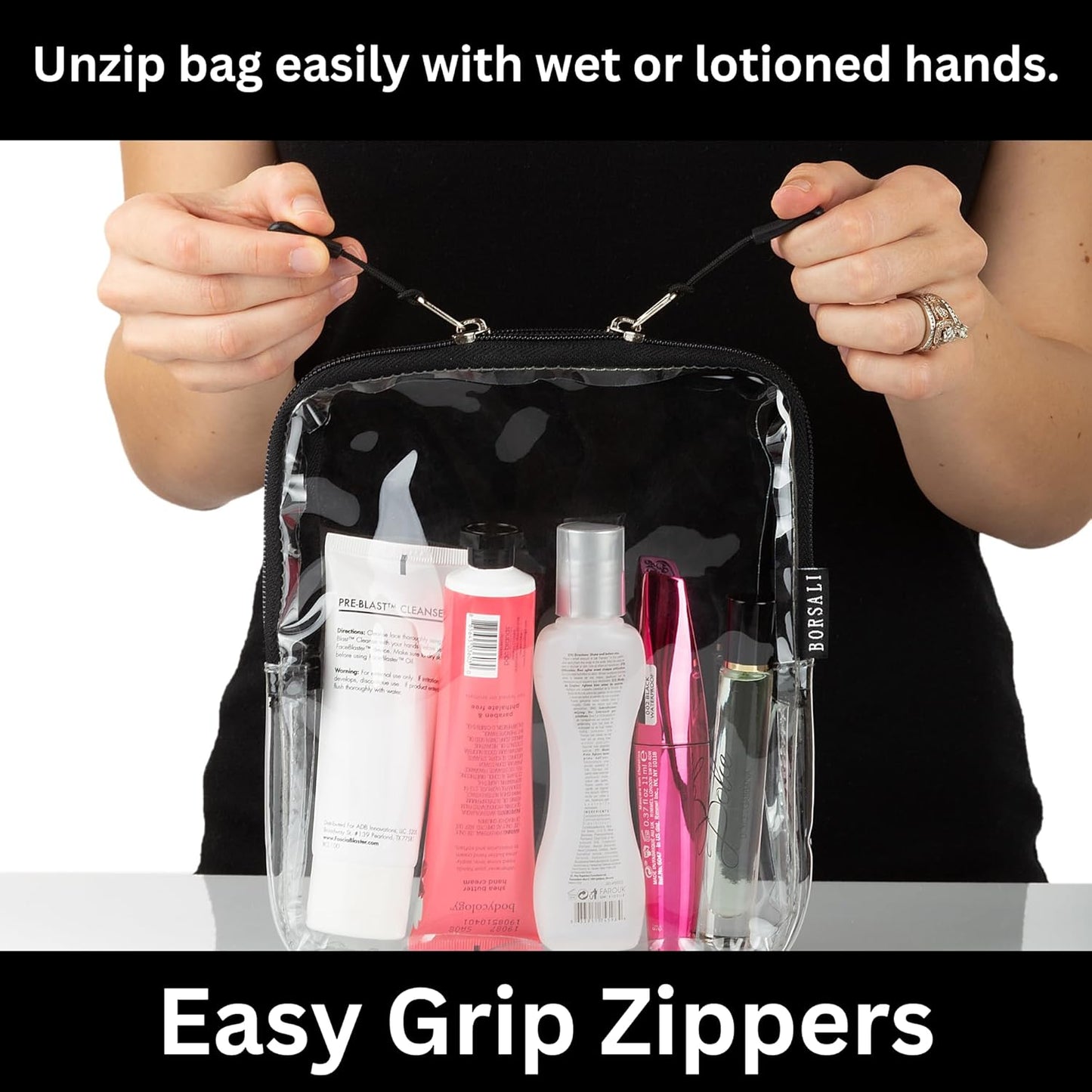 BORSALI TSA Approved Toiletry Bag - Clear Quart Size for 3-1-1 Carry On Travel - Makeup Organizer Cosmetic Pouch with Zipper - Travel Accessories - Set of 3