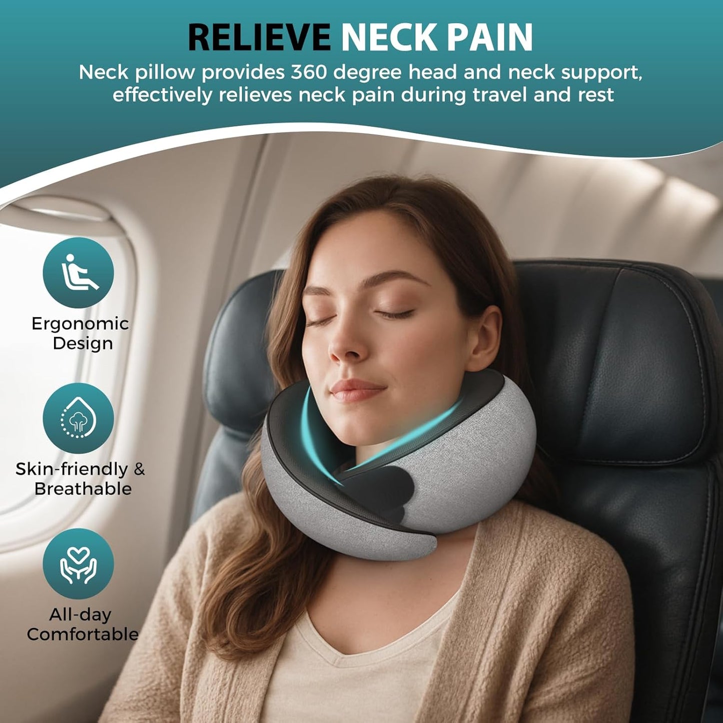 Travel Neck Pillows for Airplanes - 360° Ergonomic Memory Foam Travel Pillow - Relief Neck Pain with Breathable Support for Long Flights, Car, Train & Office Use - Adults & Kids