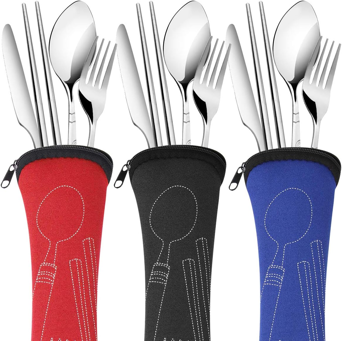 3 Pack Reusable Flatware Sets Knife, Fork, Spoon, Chopsticks, 12Pcs Portable Travel Stainless Steel Tableware Dinnerware with Carrying Case