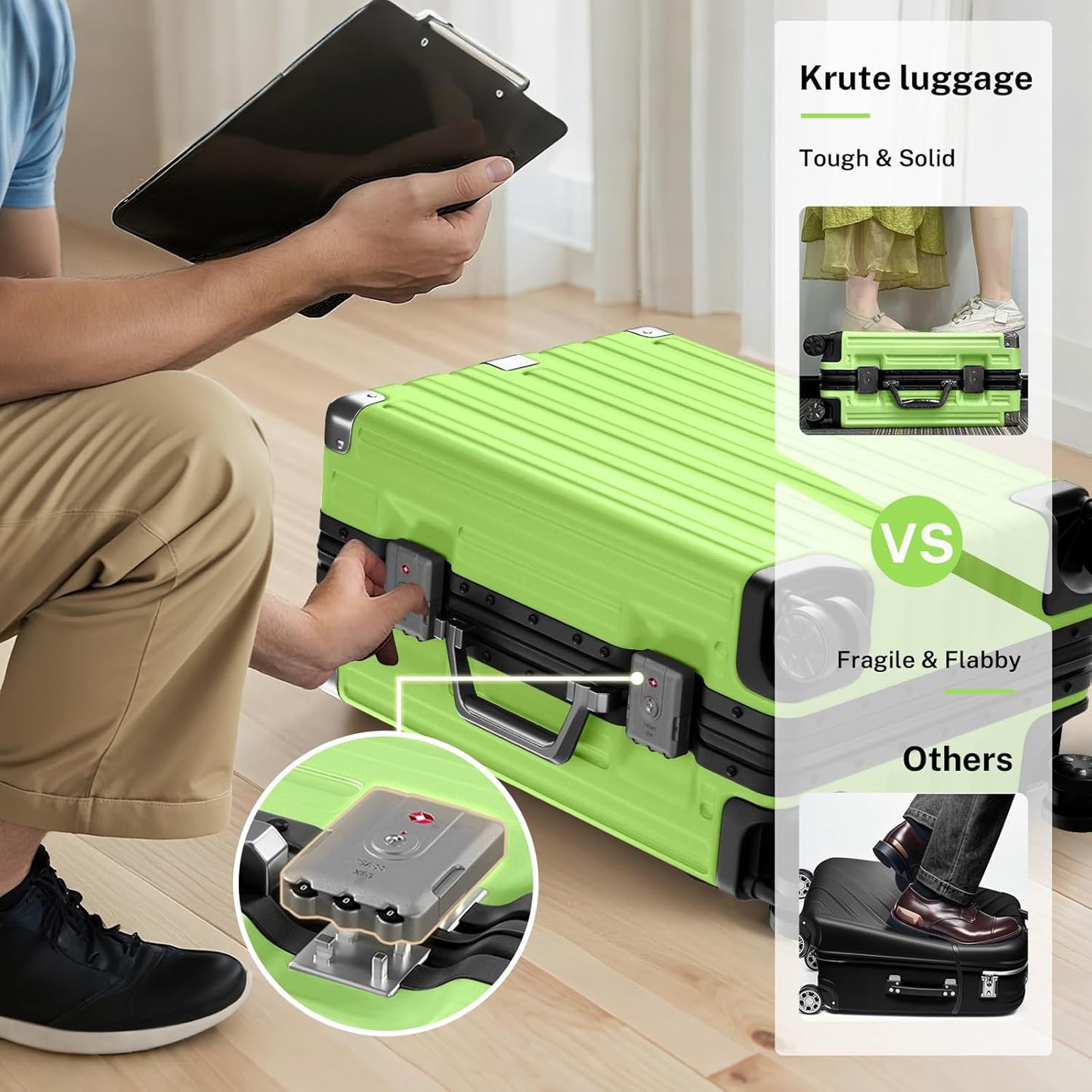 Krute Checked Aluminum Frame Suitcase 24 Inch Zipperless Luggages Hardside PC Luggage With Spinner Wheels TSA Lock USB Charger Suitcases(1 Piece)