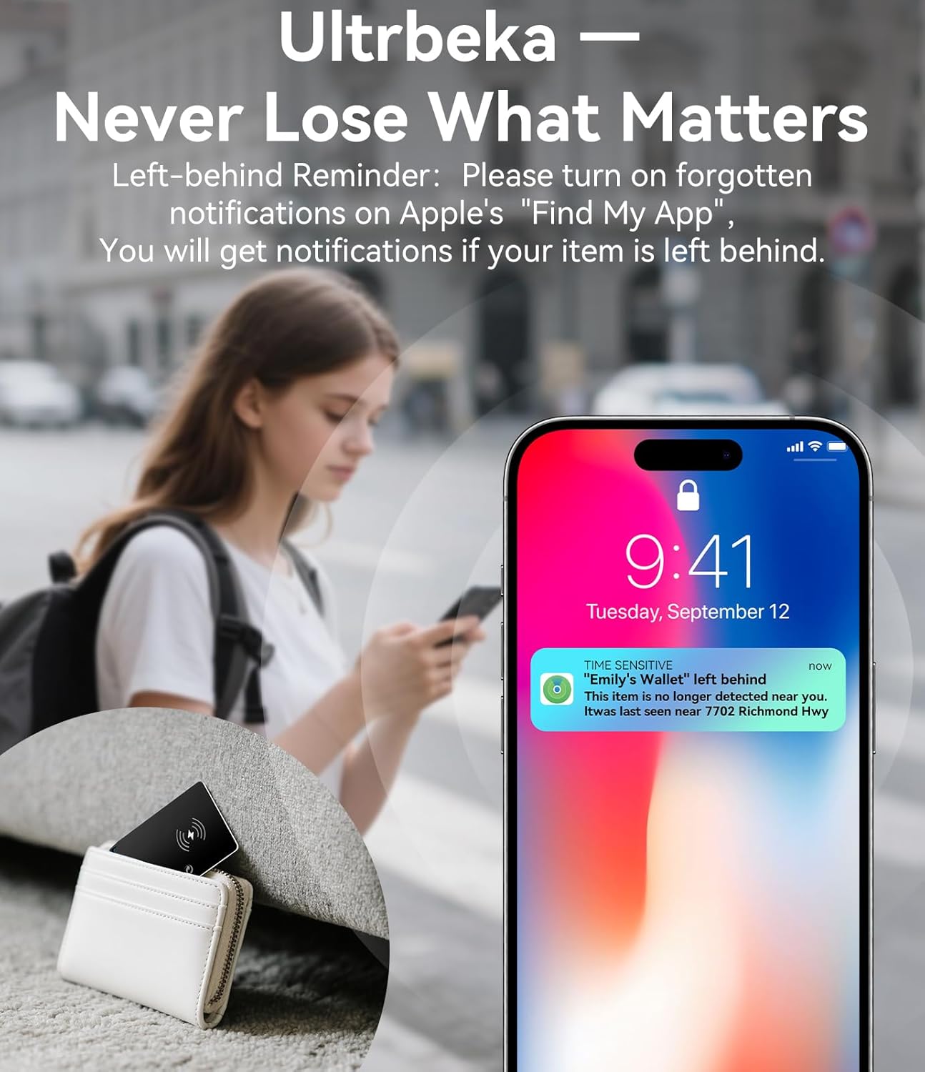 Ultra-Thin Air Tag Wallet Tracker Card 0.07in IP68 Waterproof Bluetooth Tracker for Wallets, Passport, Work with Apple Find My, Wireless Charging, Anti-Loss Card Locator [Apple MFi Certified] iOS Only