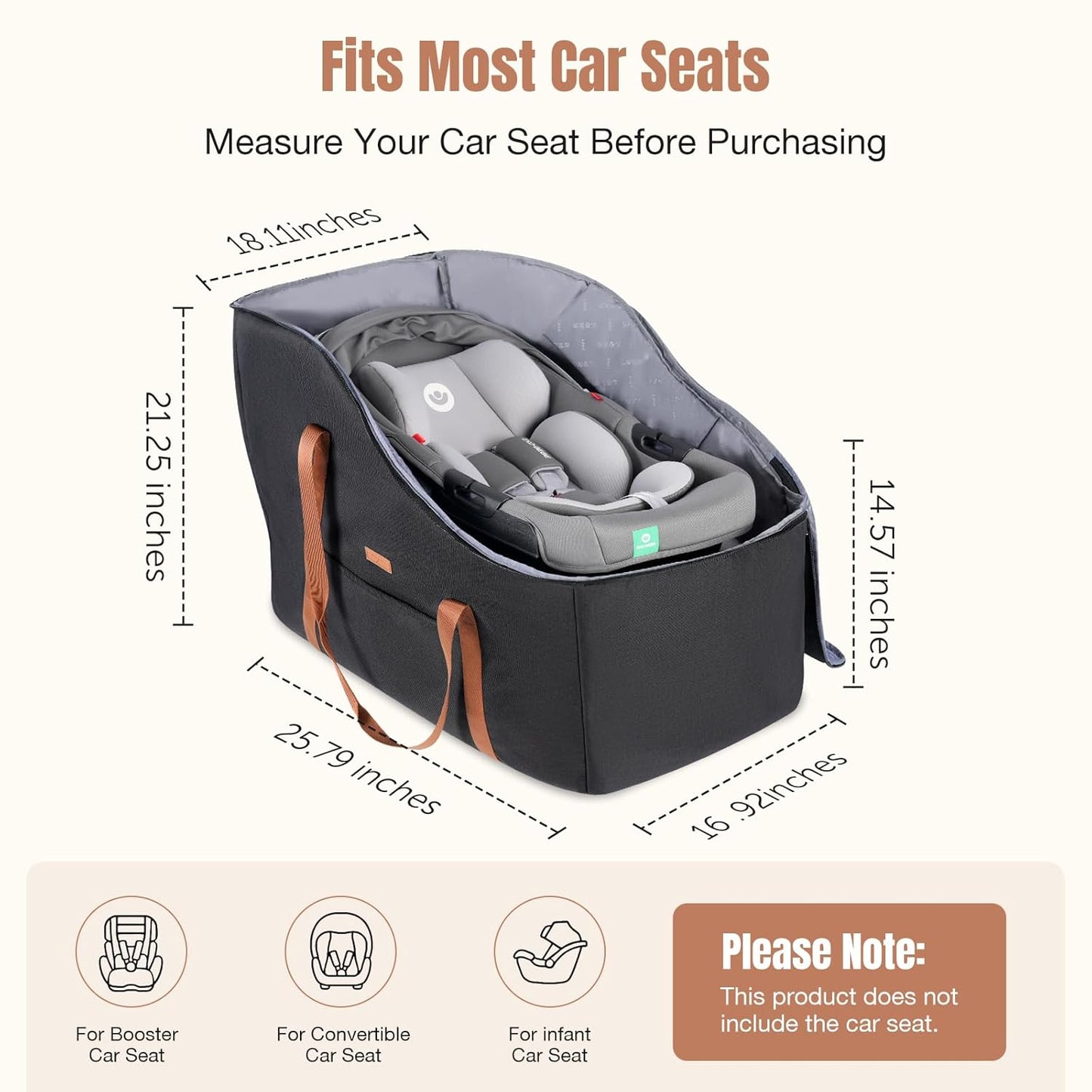 Infant Car Seat Travel Bag with Wheels Fits Chicco KeyFit 35, Doona Car Seat Stroller Base, Nuna Pipa, Padded Car Seat Bags for Airplane, Gate Check Bag, Removable Cover for Air Travel,Black-L