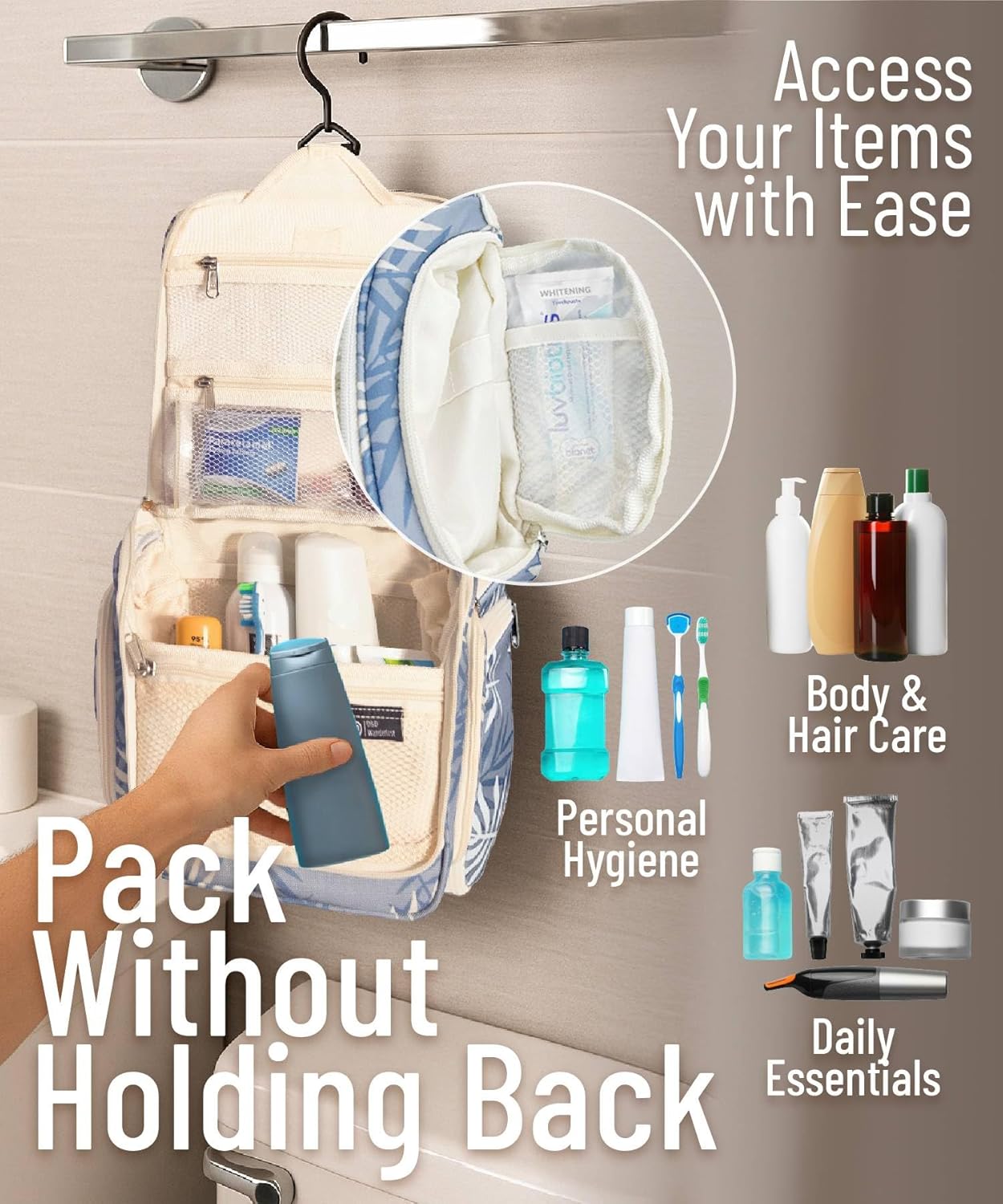 D&D Hanging Travel Toiletry Bag for Men and Women – Cosmetics, Makeup and Toiletries Organizer Kit with 10 Compartments, XXL Metal Swivel Hook, Water-Resistant Nylon