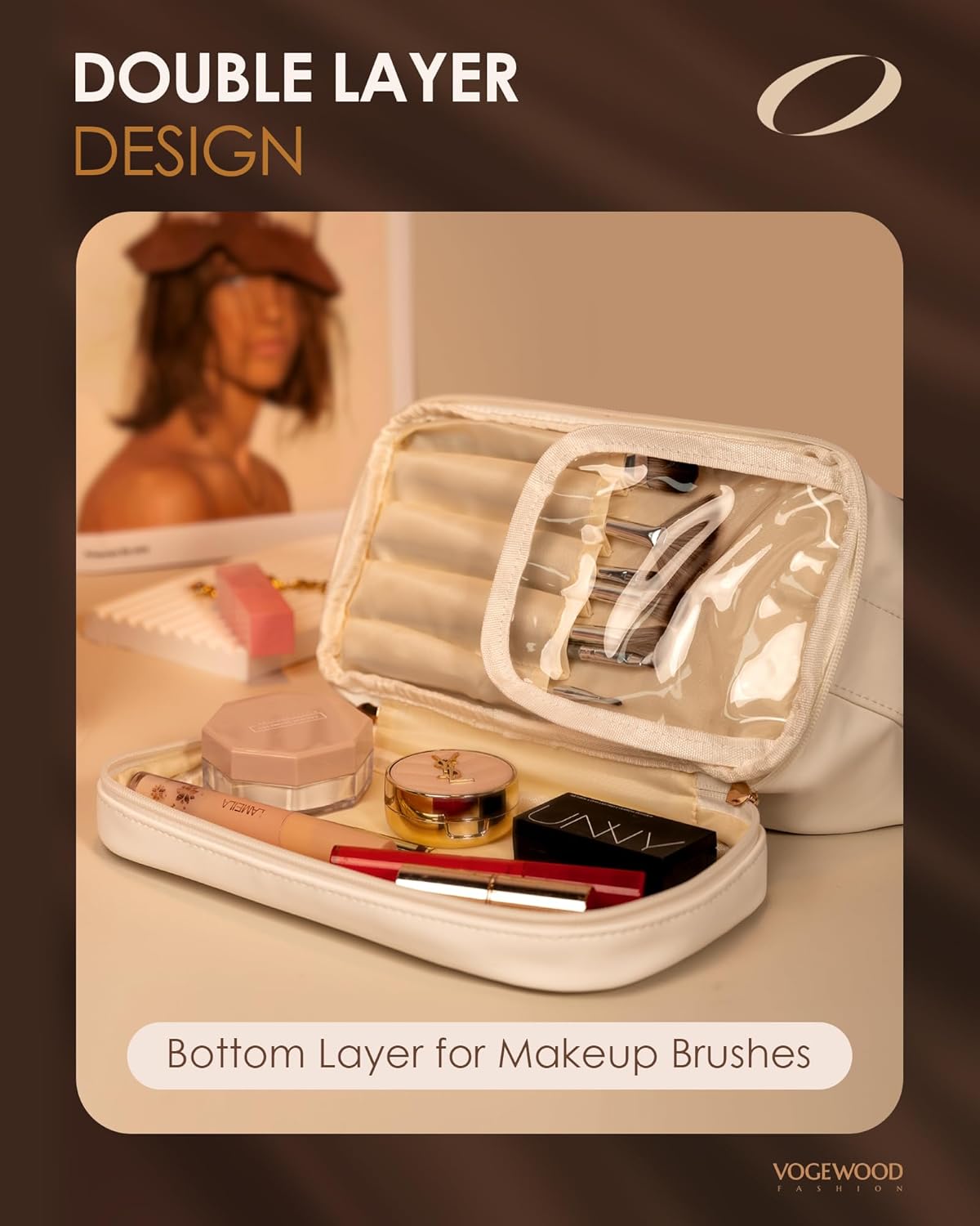 Birthday Gifts for Women 30s, Personalized Makeup Bag with Handle, Initial Double Layer Cosmetic Bag with Makeup Brush Organizer, Cute Cosmetic Pouch for Women, Gift for Friends Female Mom