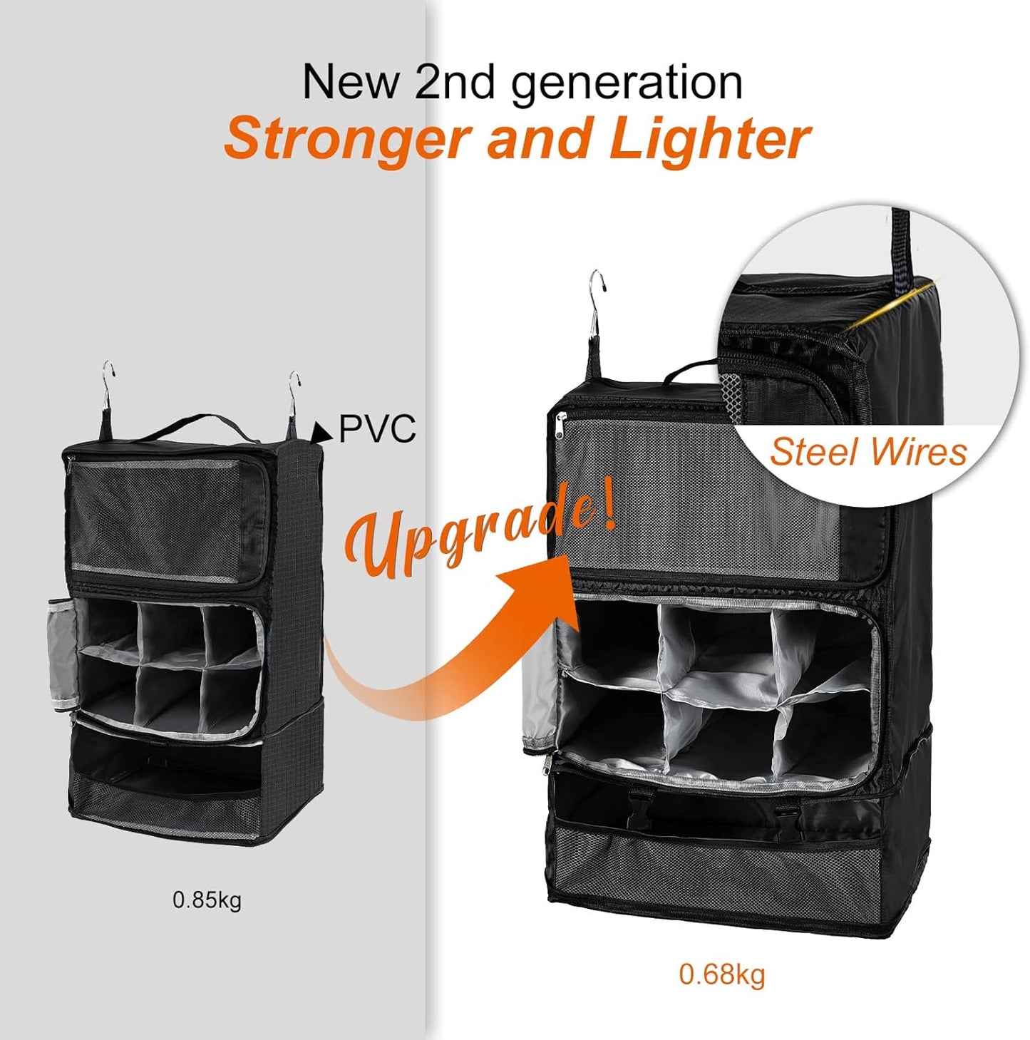 TABITORA Travel Portable Hanging Shelves Closet Organizer Packing Luggage Storage with Multifunctional and Foldable Invisible Compartment,Lightweight, for Suitcase, RV,Closet…Black,XXL