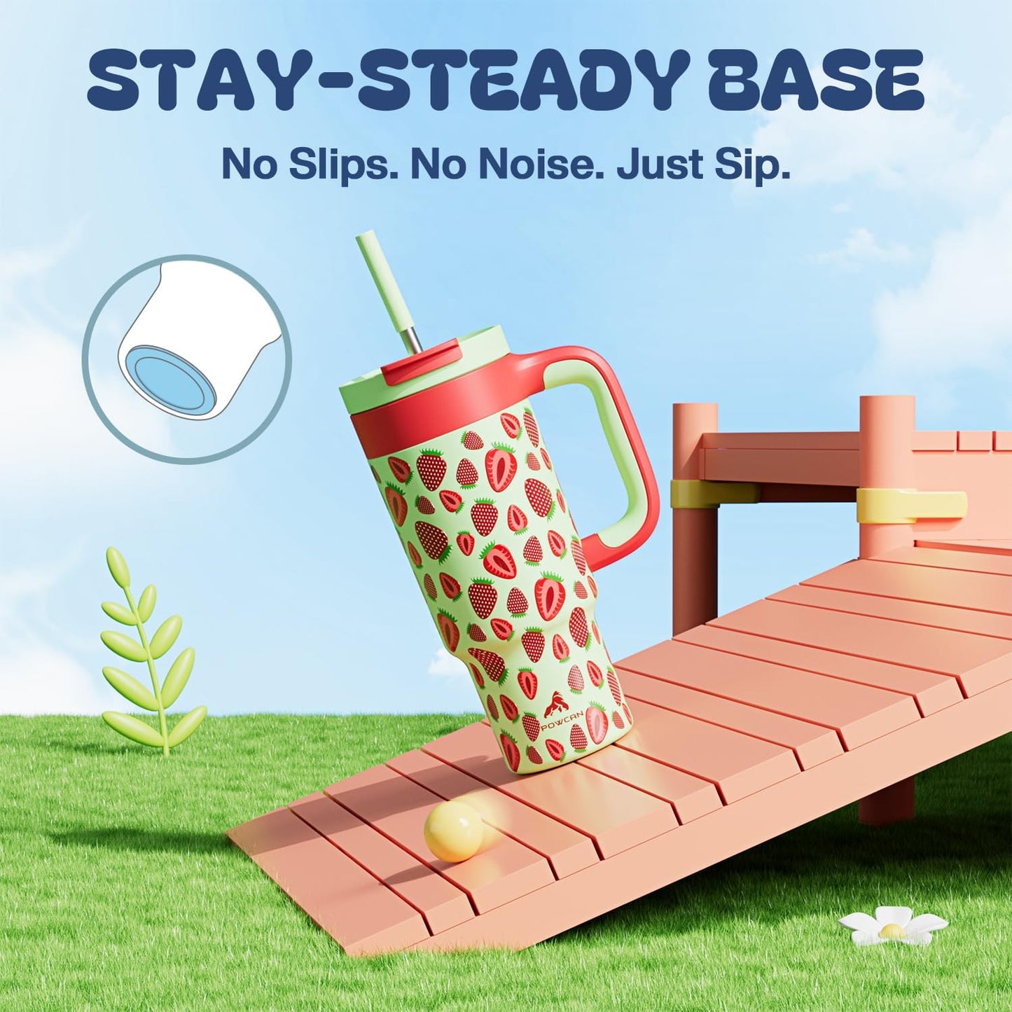 24 oz Metal Tumbler Cup for Girls: Easy Grip Handle, Leak-Proof when Sealed, Easy to Clean, Double Wall Vacuum Cup for Home, School, Daycare, Party, Picnic, Hiking, Travel, Gift (Strawberry Pop)