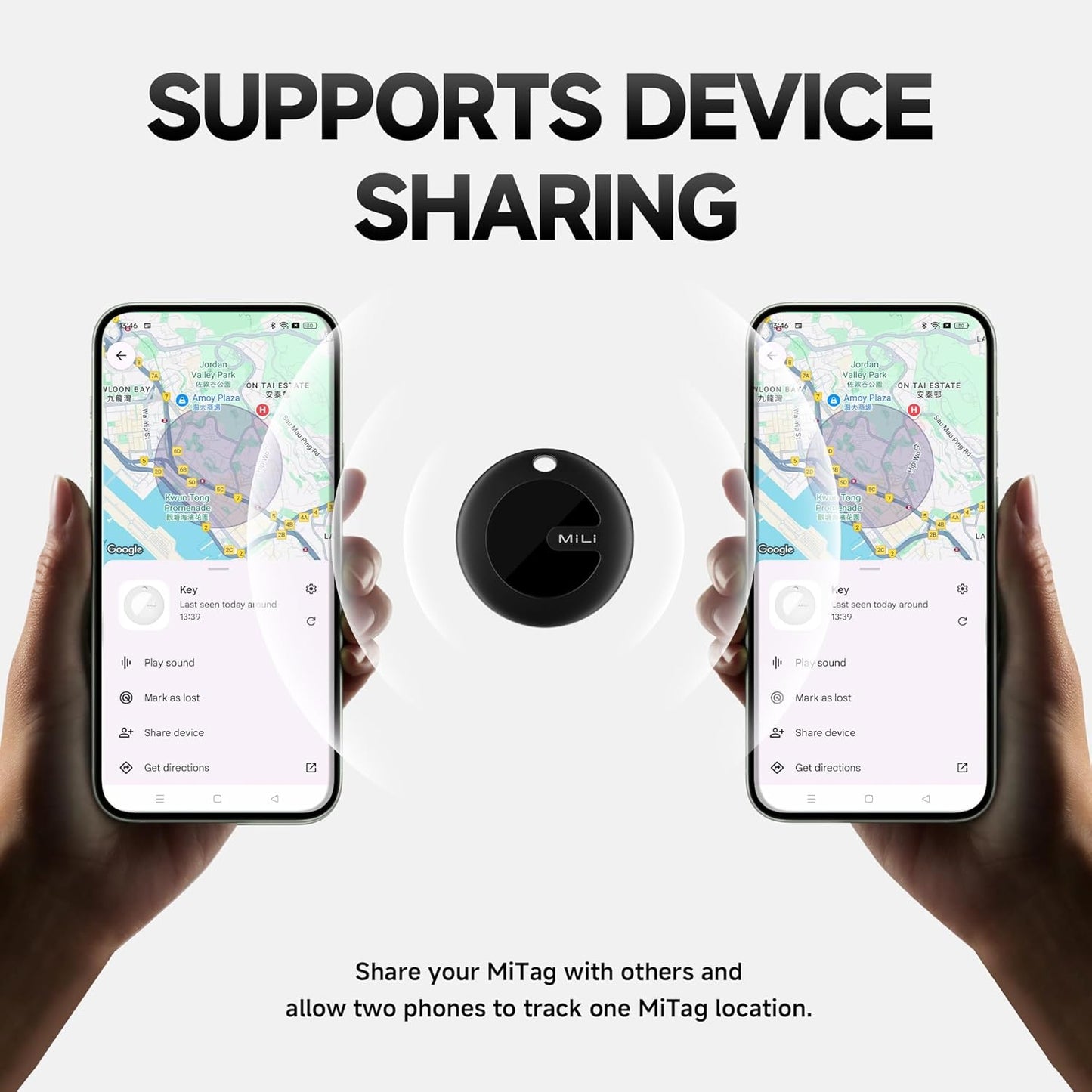 MiLi MiTag Bluetooth Tracker for Android, Google Certified Key Finder/Luggage Tracker/Item Locator, Smart Tracking Tag for Google Find My Device (Find Hub) App (BLK, 2PCS)