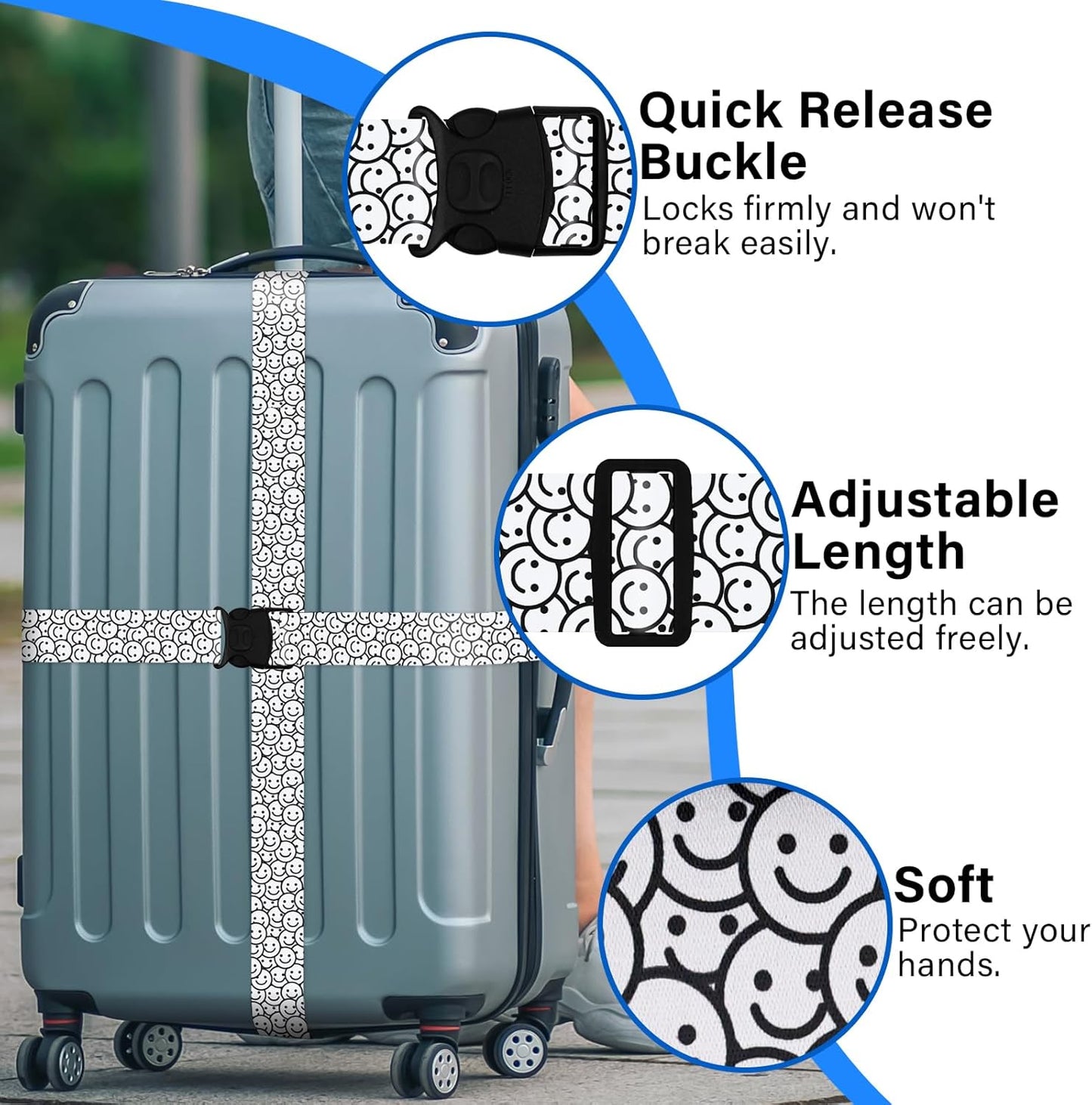 2 Pack Luggage Straps for Suitcases, Adjustable Travel Belt with Double Lock and Quick Release Buckle, Heavy Duty Nylon Bag Packing Strap, Bright Identifiers Business Travel Accessories-White Smiles