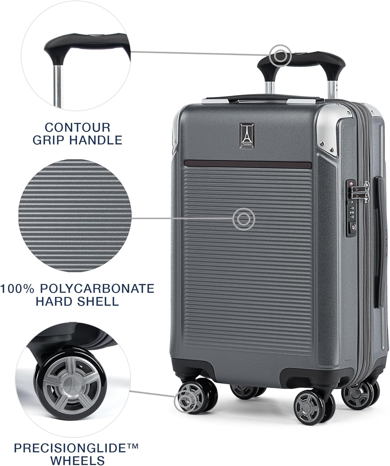 Travelpro Platinum Elite Hardside Expandable Carry on Luggage, 8 Wheel Spinner, TSA Lock, Hard Shell Polycarbonate Suitcase, Vintage Grey, Compact Carry on 20-Inch