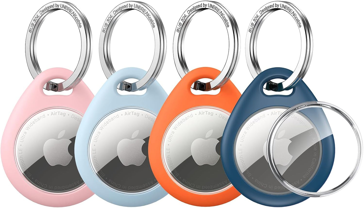 UNBREAKcable Holder for Apple AirTag - 4 Pack [Fit Tightly Design] [Easy to Install] [Hold Air Tag Securely] Waterproof TPU Shell Protective Case with All Metal Keychain Key Ring Clip