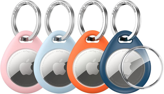 UNBREAKcable Holder for Apple AirTag - 4 Pack [Fit Tightly Design] [Easy to Install] [Hold Air Tag Securely] Waterproof TPU Shell Protective Case with All Metal Keychain Key Ring Clip
