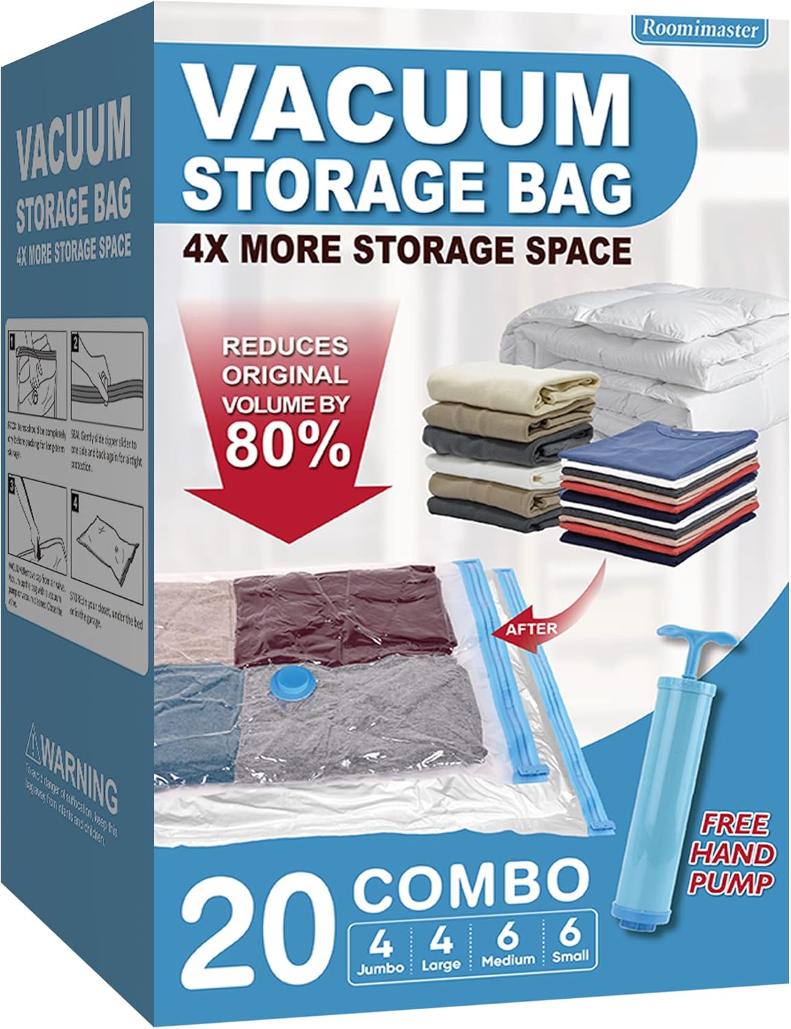 20 Pack Vacuum Storage Bags with Pump, Space Saver Vacuum Storage Bags, Vacuum Seal Bags for Clothing, Comfoters, Pillows, Blanket, Bedding