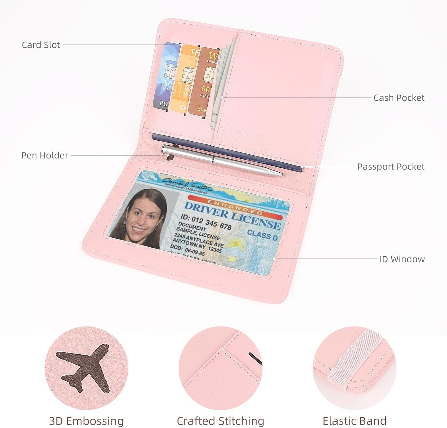 Passport Holder for Travel, Rfid Passport Cover Case, Passport Wallet Women Travel Essentials Accessories Document Organizer with Elastic Band, Pink