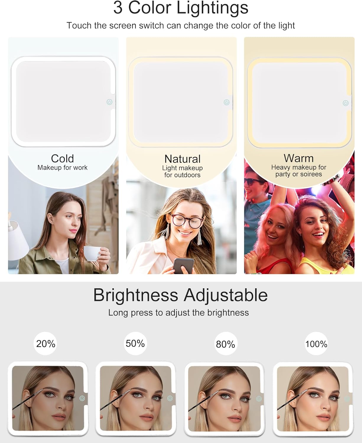 Relavel Makeup Bag with LED Mirror, Travel Makeup Case with Rechargeable Lighted Mirror 3 Color Lights, Dual Layer Cosmetic Box Makeup Brush Lipstick Holder Organizer for Women, Leather Pink