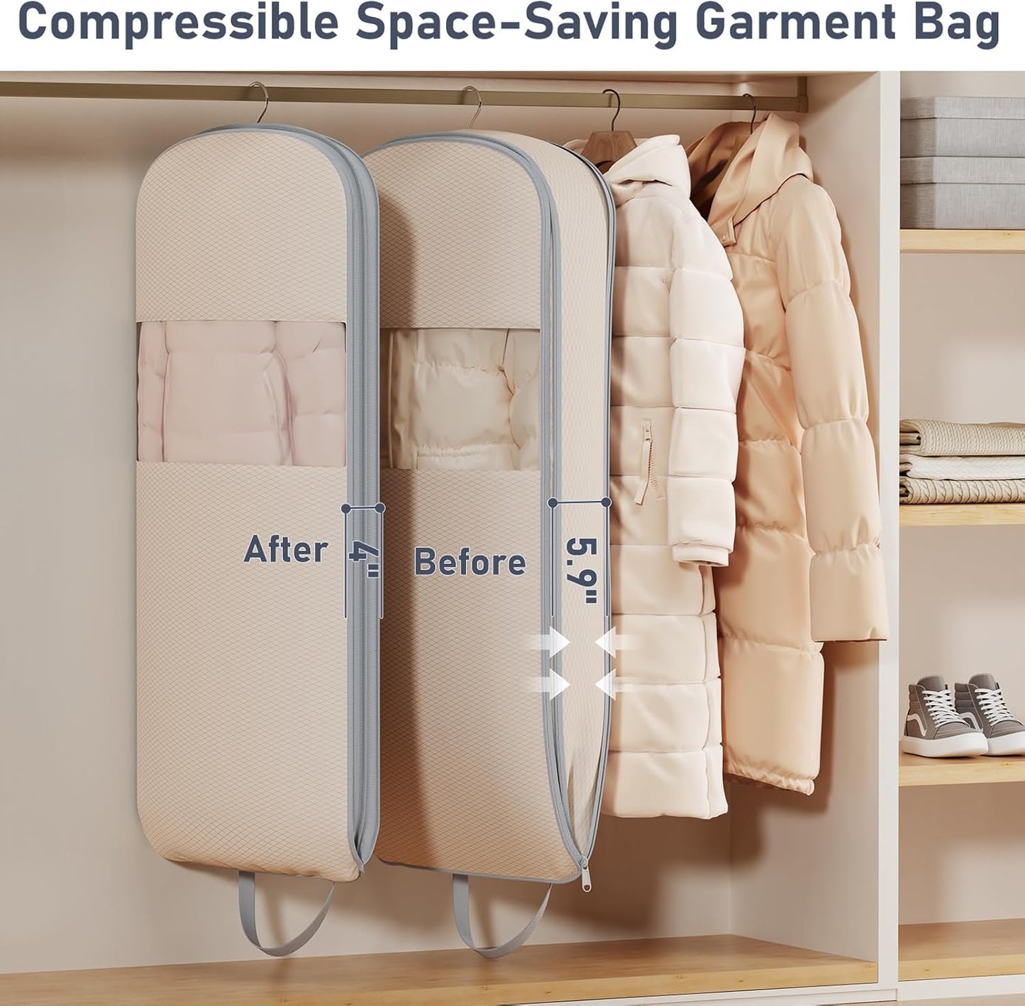 DIMJ 2 Pack 43" Space Saving Garment Bags for Hanging Clothes With Compression Zipper Carry Handles and Window, Washable Suit Bag for Dress, Clothes, Coats, Down Jacket, Closet, Moving, Travel