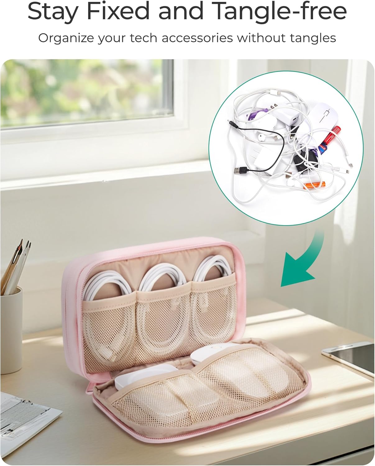 BAGSMART Electronics Organizer Travel Case, Cord Storage for Chargers Cables Phones, Compact Tech Accessories Pouch, Pink