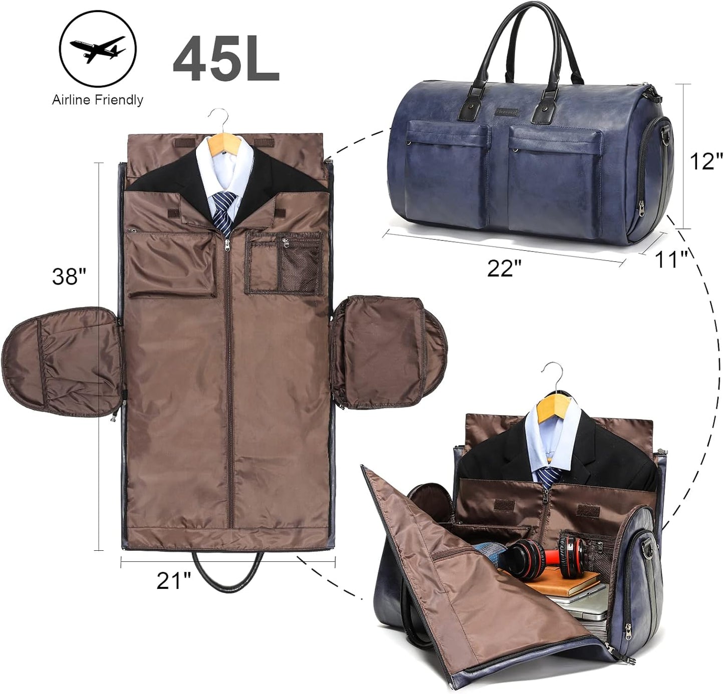 Leather Garment Bag for Travel, Modoker Carry On Suit Carrier Travel Bag with Shoulder Strap/Multiple Pockets - Ideal for Business Trips & Weekend Getaways - The Garment Duffel Bag for Traveling Men