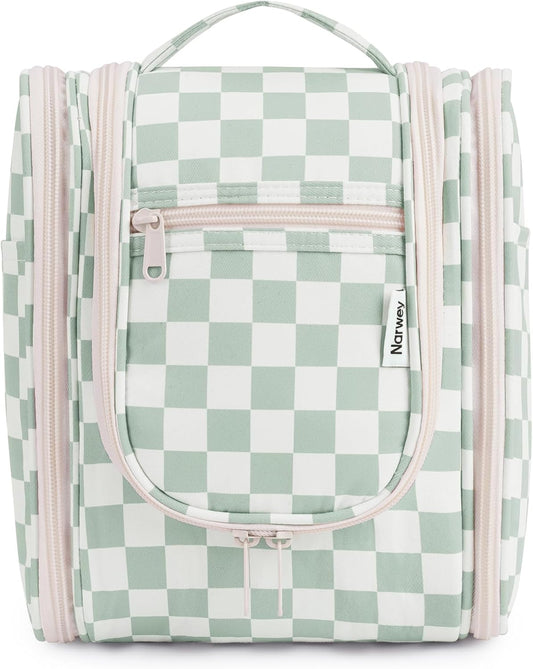 Narwey Small Checkered Hanging Travel Toiletry Bag for Women, Travel Bag for Toiletries, Makeup Bag Organizer Cosmetic Bags Make Up Bags for Women (Mint Green Checkerboard)