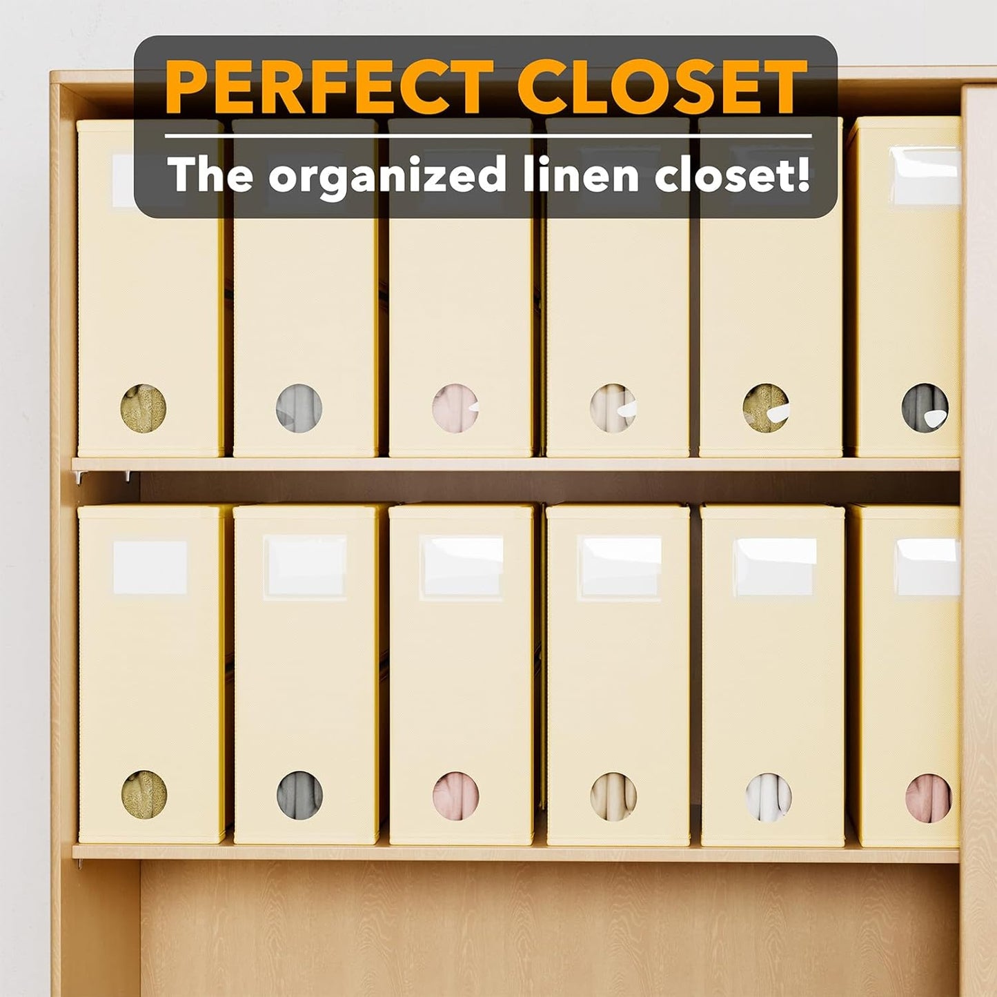 SpaceAid 12 Pack Bed Sheet Organizers and Storage, Foldable Organizer for Linen Closet, Set Folder Keeper With Window XL (Queen & King Size) Bedding Container (Beige)