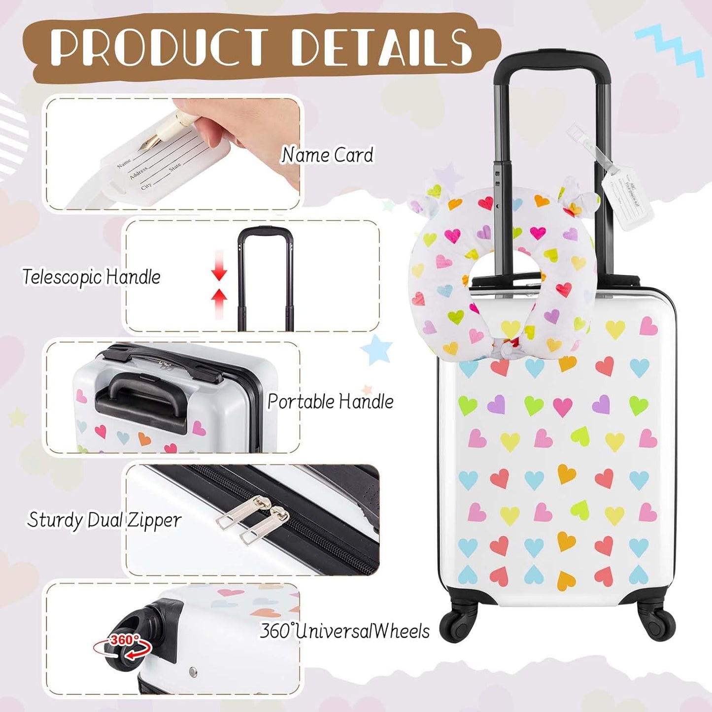 Sanwuta 4 Pcs Kids Luggage Set Kids Backpack Travel Rolling Suitcase with Wheels U-shape Pillow Childrens Gift for Girls Boys(20 Inch,Heart Style,White)