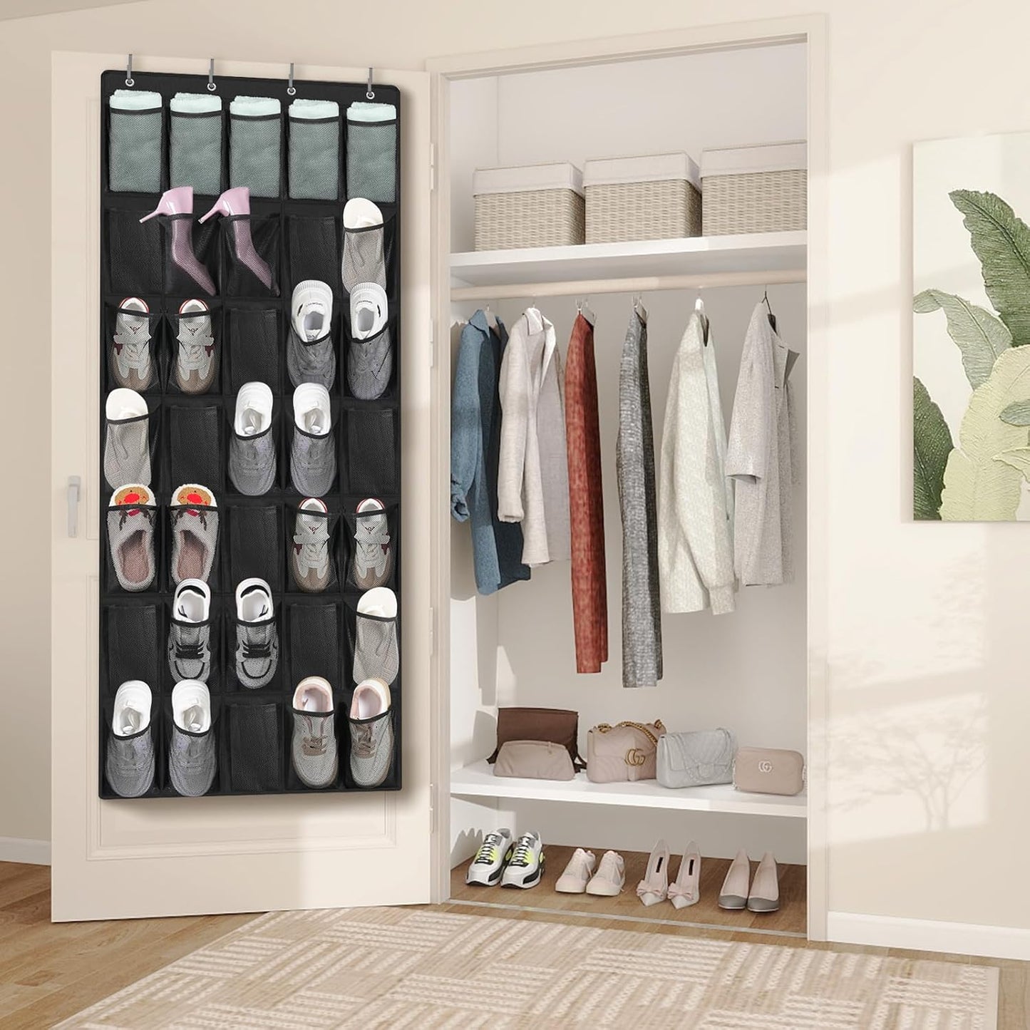 FENTEC 35 Large Pockets Over The Door Shoe Organizer, Mesh Hanging Shoe Organizer Shoe Rack for Closet Mesh Closet Shoe Holder, Over Door Organizer, Shoe Organizer for Wall, Black, 1 Pack