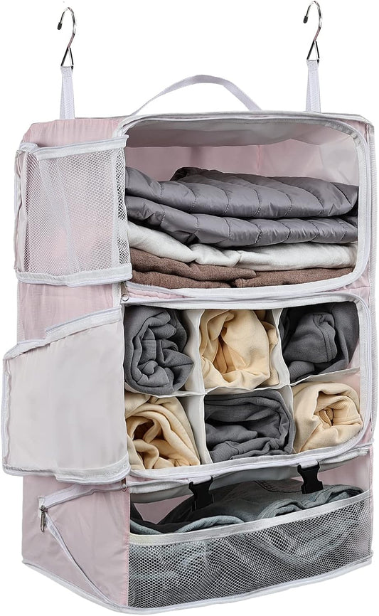 TABITORA Travel Portable Hanging Shelves Closet Organizer Packing Luggage Storage with Multifunctional and Foldable Invisible Compartment,Lightweight, for Suitcase, RV,Closet…Pink,XXL