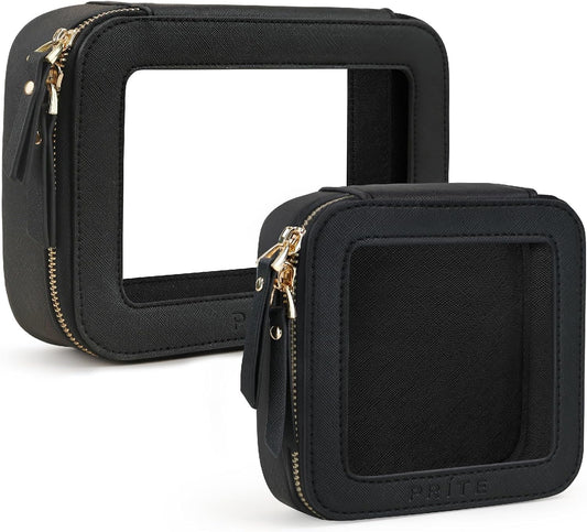 Prite Clear Makeup Bag Set for Women Portable Clear Makeup Bag Cute Waterproof Travel Cosmetic Bag with Gold Zipper for Car Essentials(Black)
