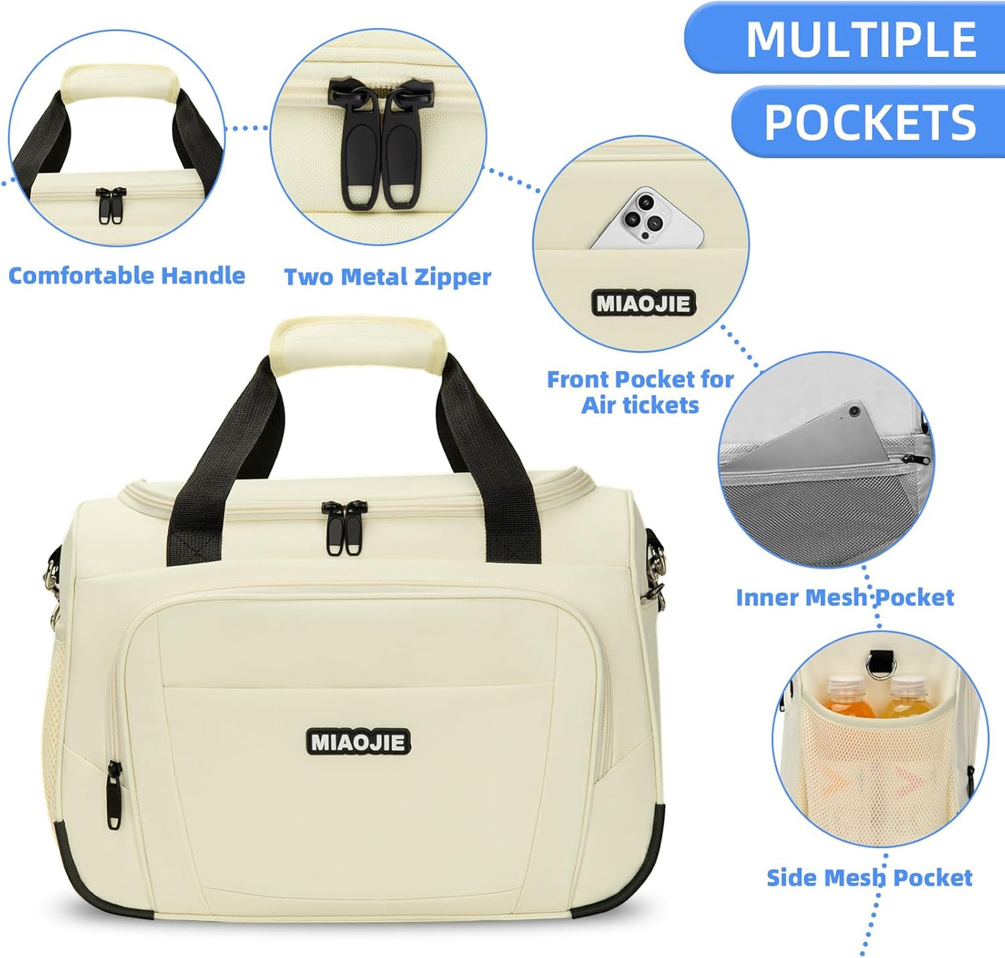 Underseat Carry On Luggage Lightweight Travel Tote Weekender Bag Overnight Duffle Bag for Travel, Travel Essentials Personal Item Travel Bag for Women and Men, Beige-16Inch