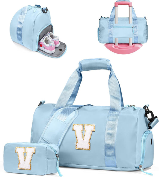 Valentines Day Gifts for Her-Girl Gym Bag with Shoe Compartment, Kid Personalized Weekender Overnight Bags, Initial Travel Tote with Makeup Pouch, Girls Kids Easter Gift (Letter V)