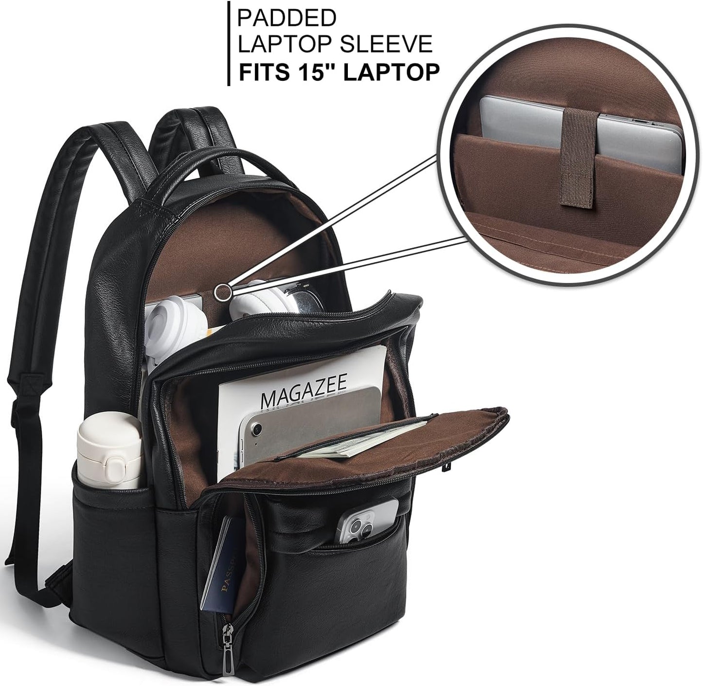 30L Business Laptop Backpack for Women Men, Travel Work Backpack Purse Faux Leather College Bookbag fits 15.6" Laptop - Black