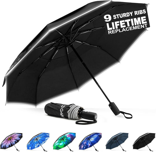 G4Free 42 Inch Eco Windproof Folding Umbrella for Rain & Sun 9 Ribs Wind Resistant Strong Fiberglass Double Canopy with Reflective Strip for Women Men Auto Open Close For Car & Backpack